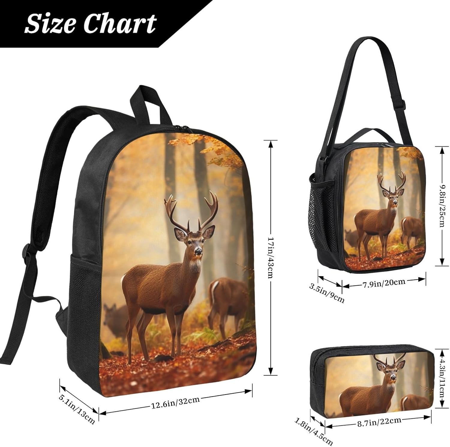 White Tail Deer Backpack Set 3 PCS - 17 Inch Laptop Backpack with Lunch Bag, Waterproof Daypack Insulated Lunch Box Large Capacity Coin Pouch Personalized Gift image 4