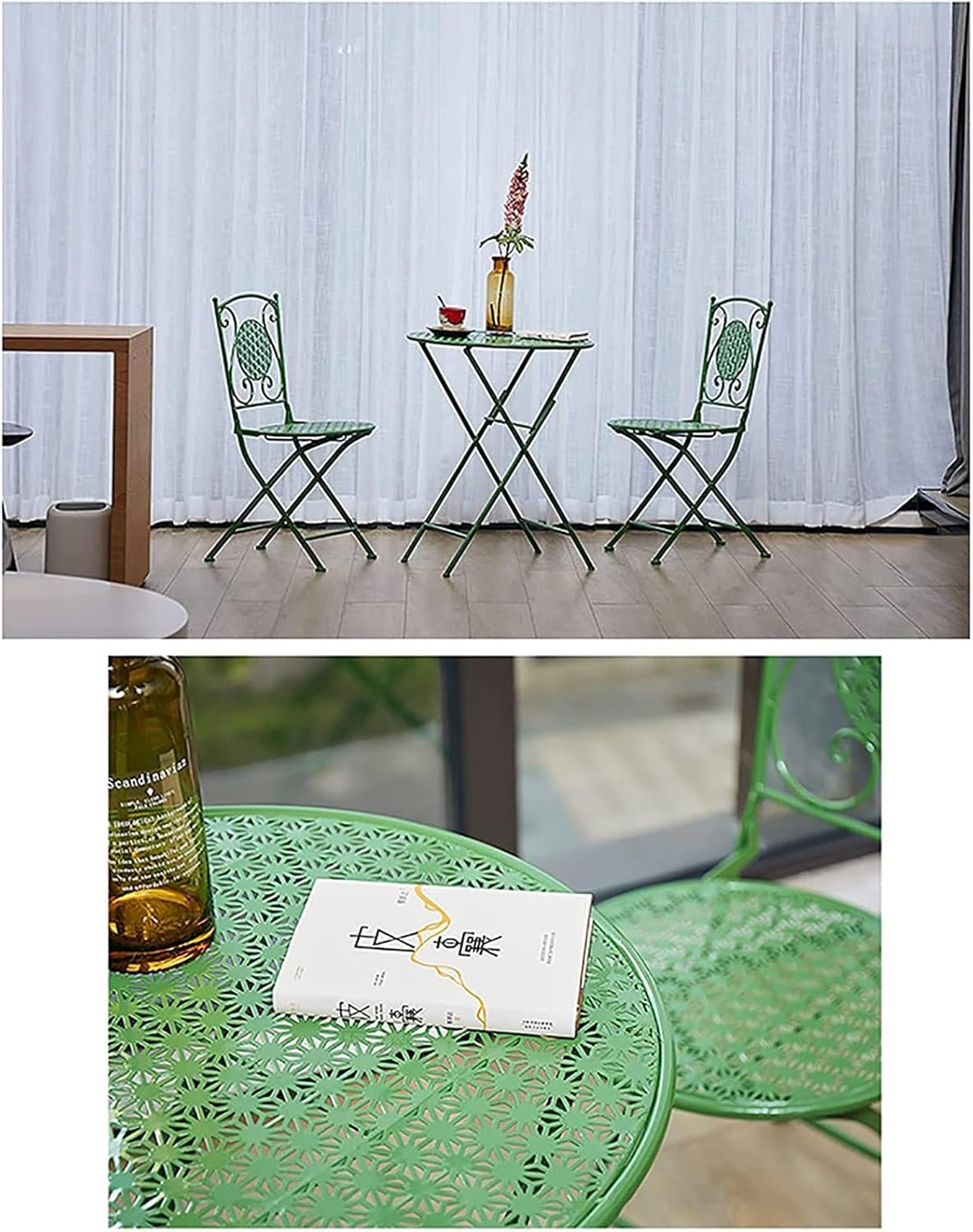 Folding Table Chair Set (3PCS) Outdoor Foldable Round Coffee Tables, Simple Home Balcony/Terrace/Garden Portable Iron Small Table(A)