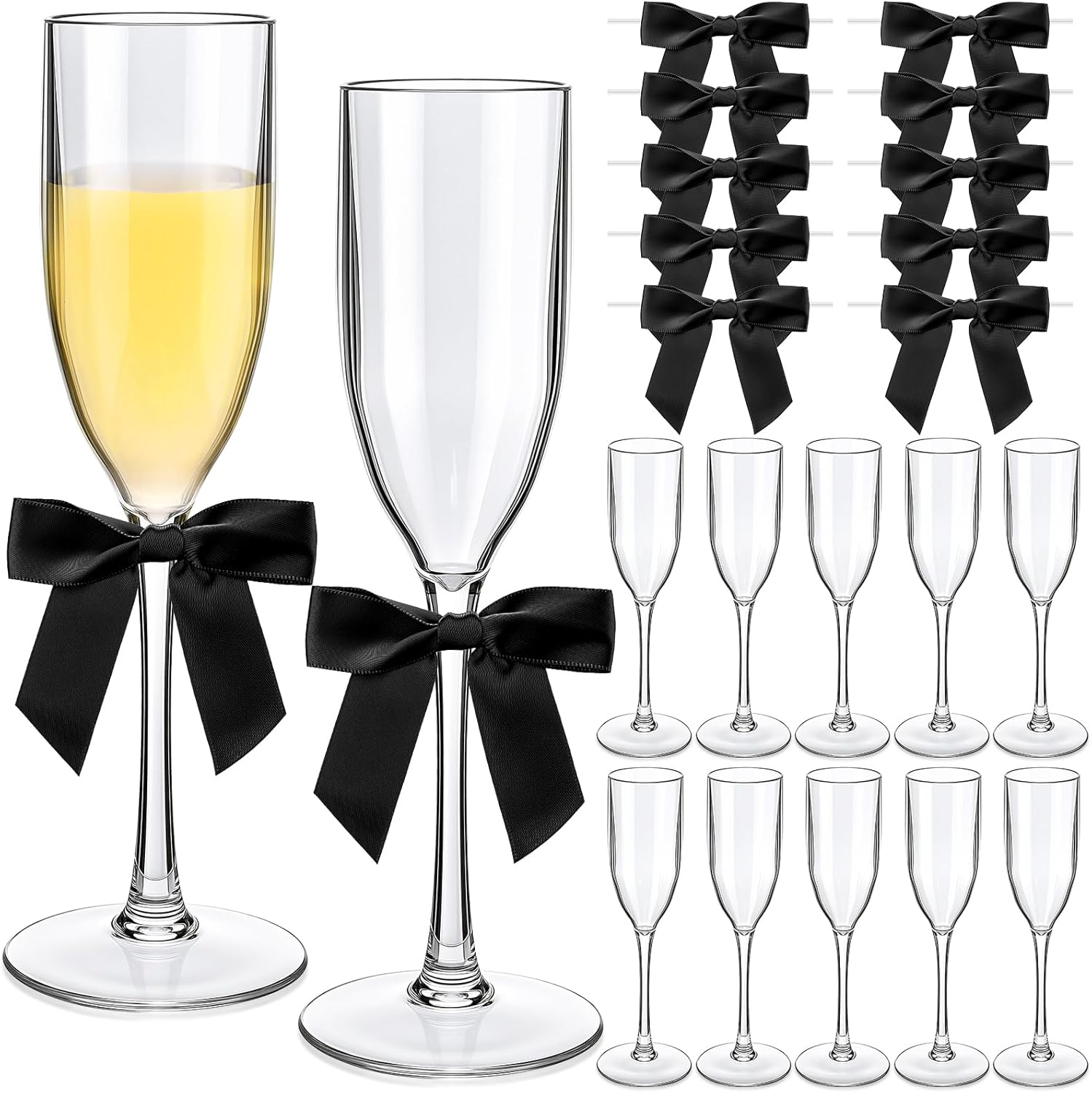 Zopeal Plastic Reusable Champagne Flute Glasses 6 oz and 50 Pcs Bow Set Acrylic Wedding Toasting Goblet 3.5" Bow Unbreakable Wine Cup for Bachelorette Bridal Shower Party(Clear and Pink)
