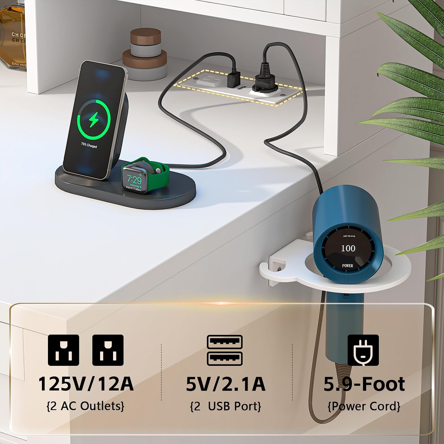 Vanity Desk Charging Station with AC Outlets, USB Ports, and Hair Dryer Stand