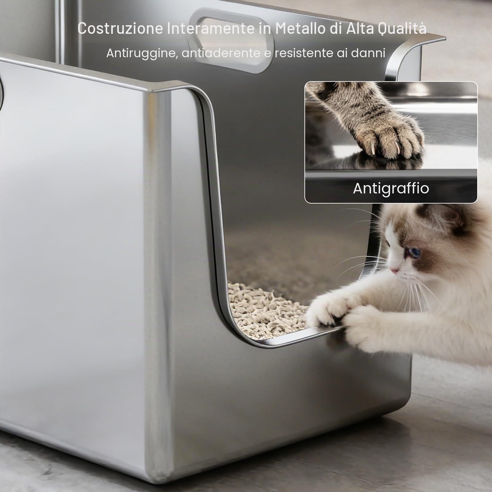 PTLOM Lettiera per gatti in acciaio inox, XL, con lati alti 35 cm, antiruggine, a prova di perdite, ingresso basso per gatti anziani, ruote per un facile spostamento, ideale per famiglie con più gatti