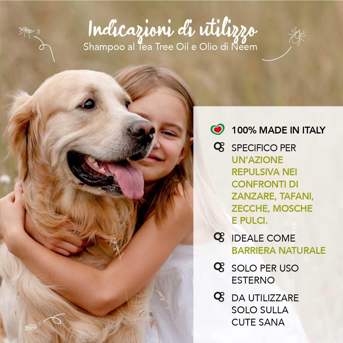 YUUP! - Shampoo per Cani e Gatti al Tea Tree Oil e Olio di Neem, 250 ml, azione repulsiva nei confronti di zanzare, tafani, zecche, mosche e pulci