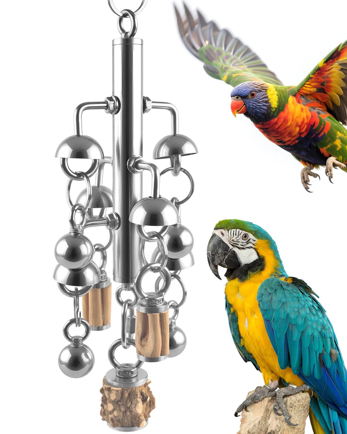 KATUMO Large Bird Toys, Natural Wooden and 304 Stainless Steel Bell Toy for Parrots, 1.46 LB Heavy Birds Cage Toy for Amazon Parrot, African Greys, Budgies, Lovebirds, Cockatiels,Cockatoo
