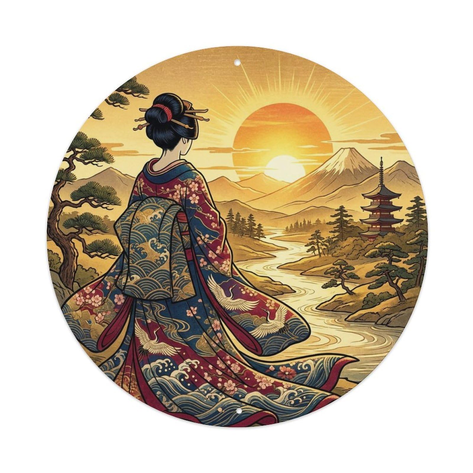 Japanese Dusk Golden Glow Geisha Watching Metal Tin Sign