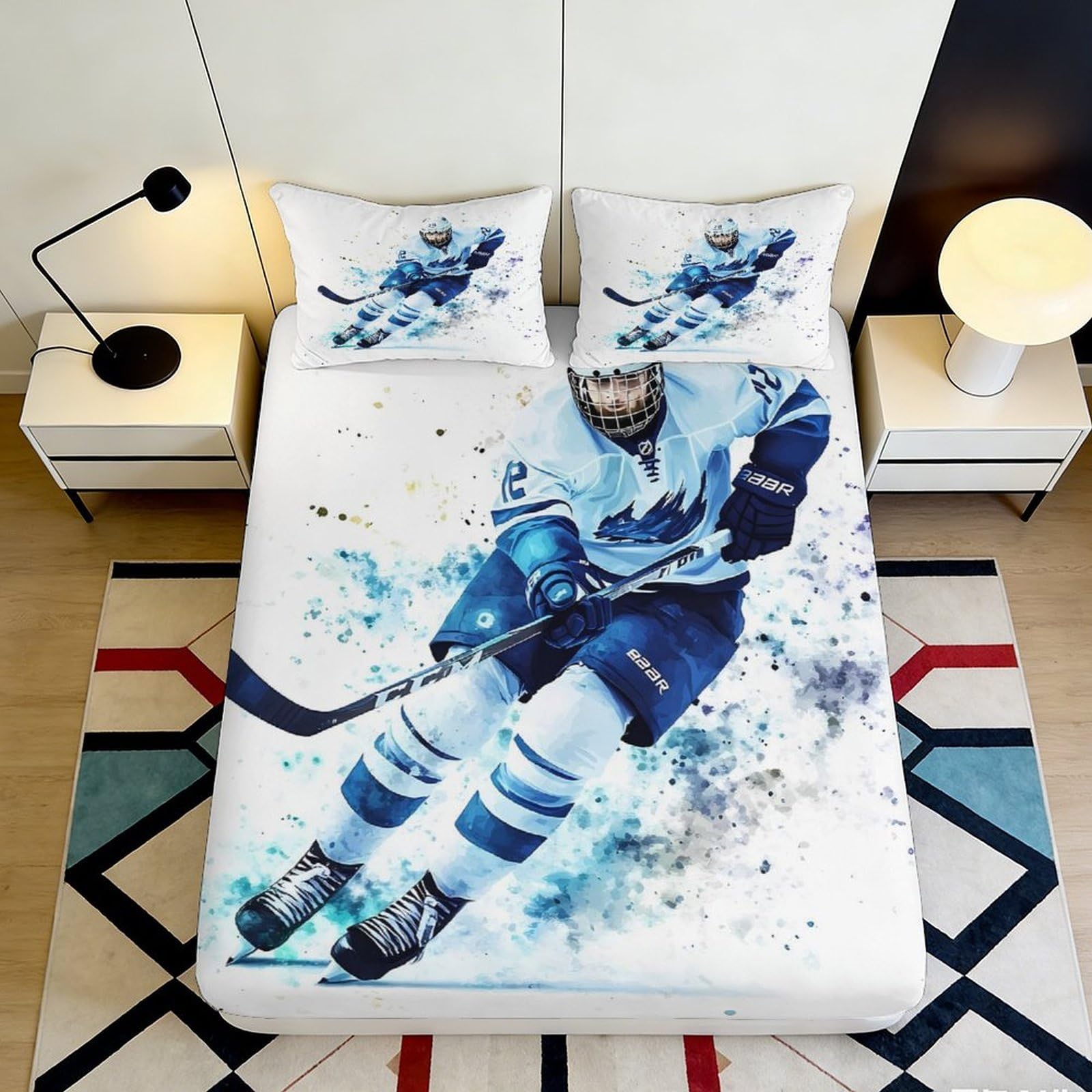 Pnayamiorkfel Style-1 3D Printed Ice Hockey Player Fitted Sheet Microfiber Blue Sports Figure Bed Cover For Bedroom Dorm Mattress Decor 90X200x25cm
