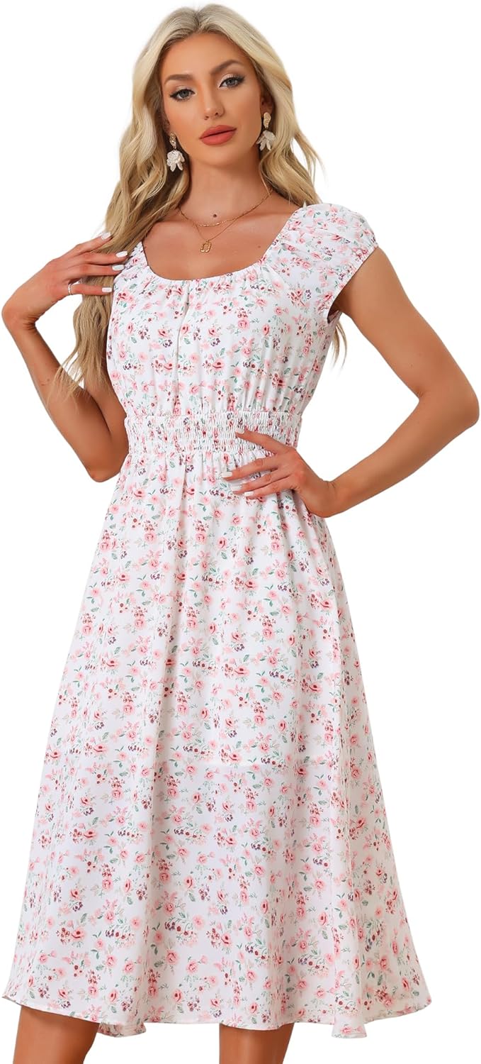 Allegra K Women's Floral Dresses Square Neck Puff Short Sleeves Flare Midi Dress
