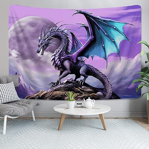 Miniatura 5 de Tapiz de dragón púrpura Trippy, diseño de dragón psicodélico de la luna gótica anime en la montaña hippie Art Tapiz para dormitorio estético, tapiz