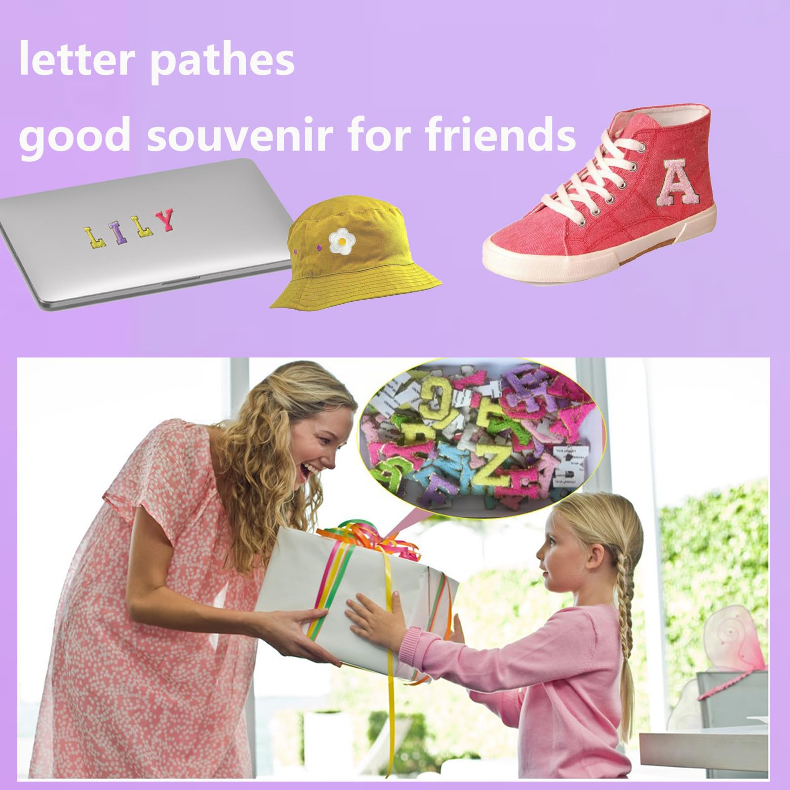104 parches de letras adhesivas de felpilla, parches para planchar, calcomanías de fieltro del alfabeto, paquete de 4 letras universitarias de la A a la Z con parches bordados de flores coloridas para