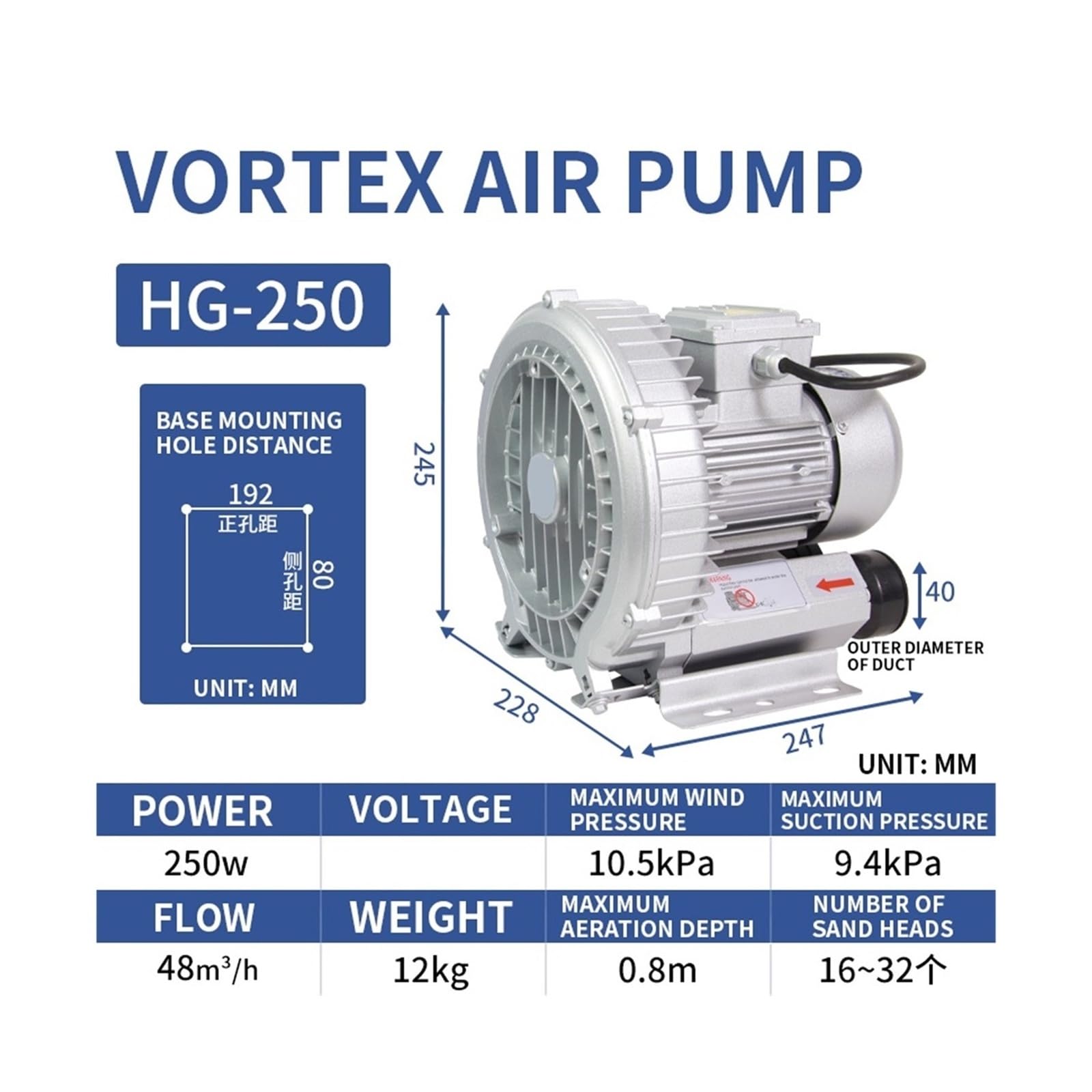 Ventilador, Ventilador de Alta presión HG-120/180/250 | potente ventilador centrífugo industrial, bomba de aire, bomba de vacío, aireador for estanque de peces