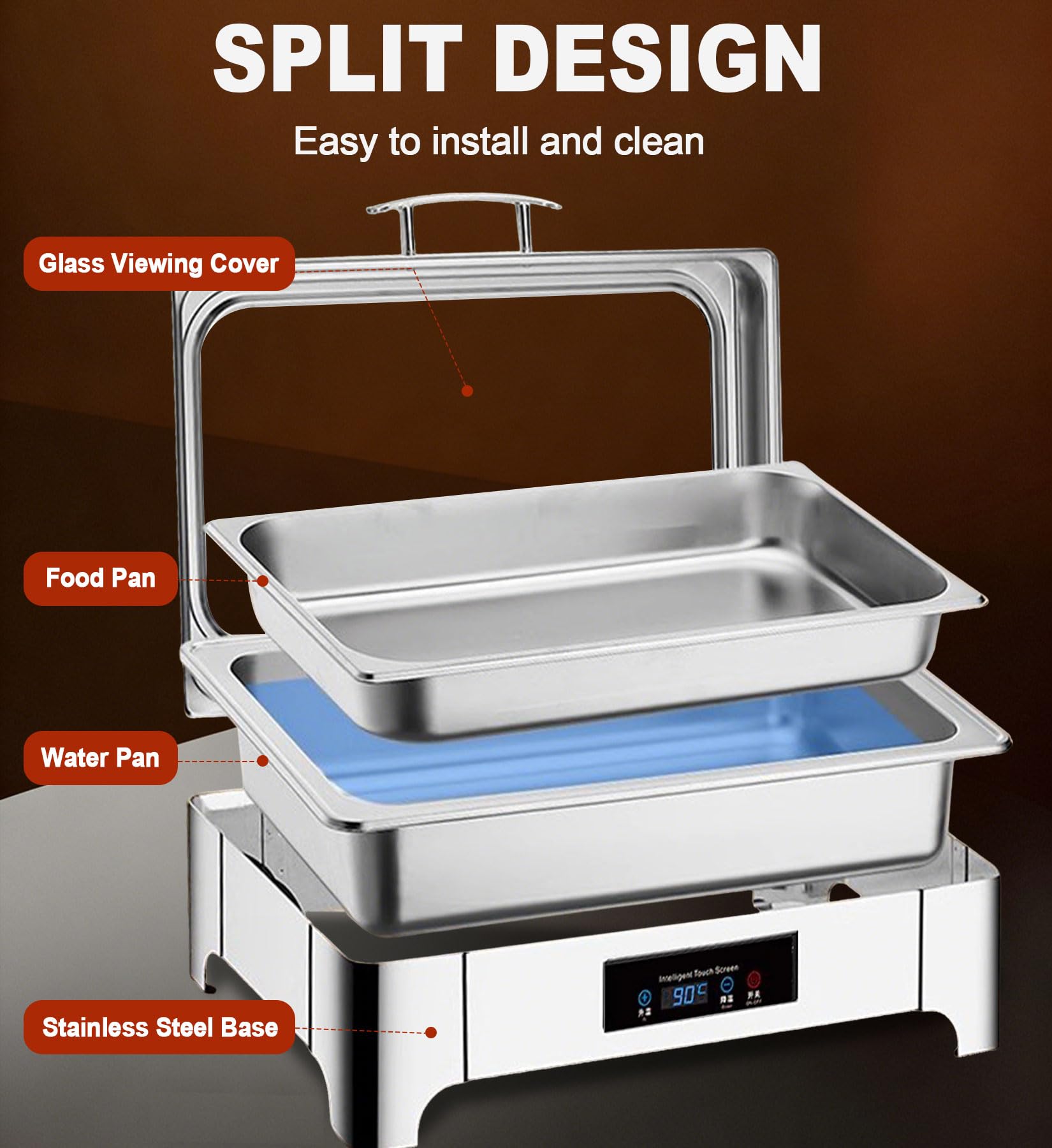 Chafing Dish Elettrico, 9L Scaldavivande Elettrico per Buffet con Coperchio in Vetro, Commerciale Contenitore Scalda Cibo Temperatura Regolabile 35-90°C per Buffet, Feste e Banchetti (GN1/3)