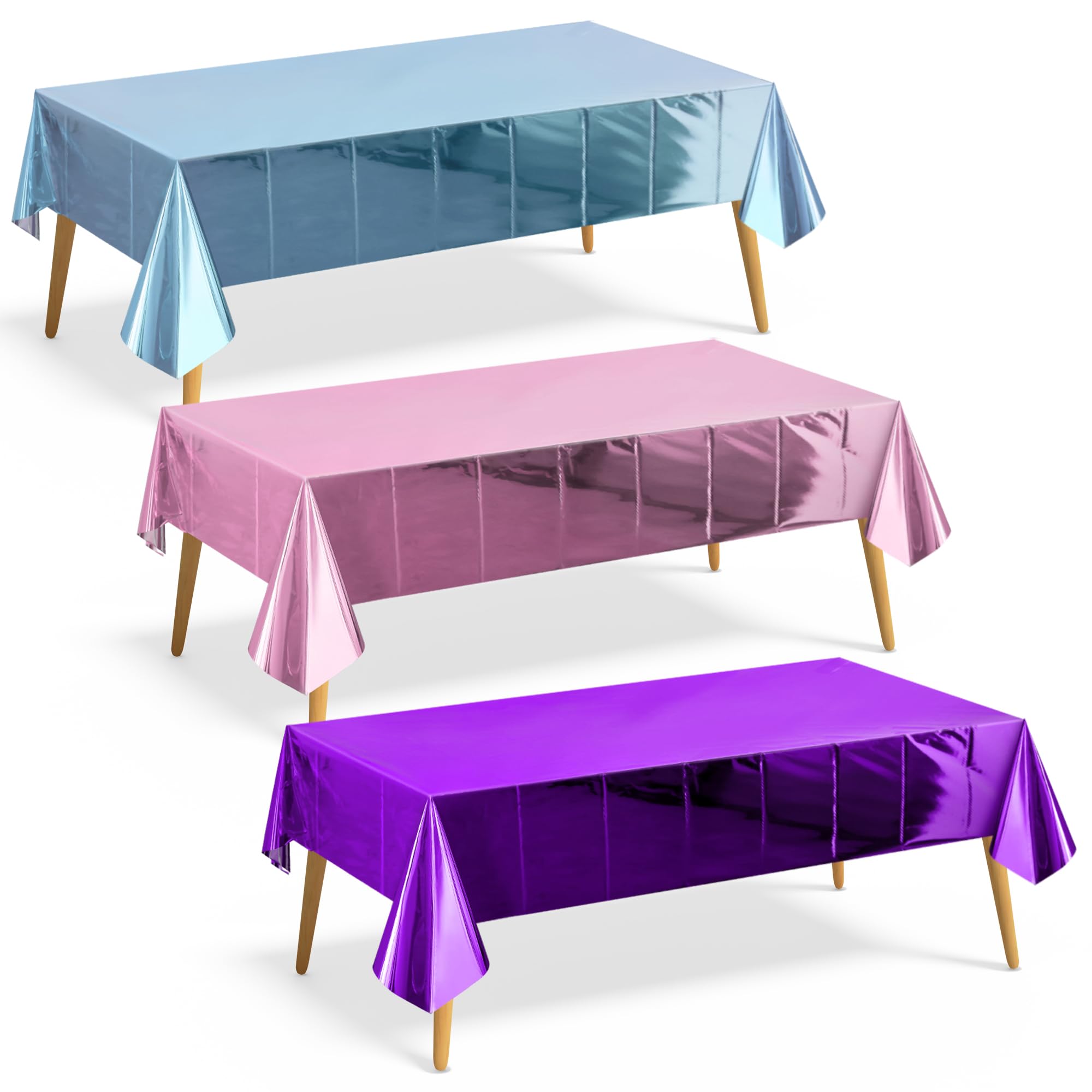 3 Pieces Pink &amp; Light Blue &amp; Dark Purple Foil Tablecloth 54*72inch Plastic Birthday Party Table Cloths Disposable Waterproof Table Cover for Halloween Christmas Wedding Graduation Party Supplies