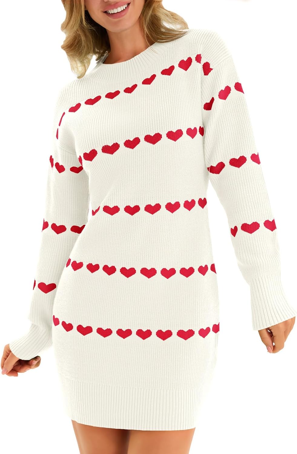Wenrine Womens Long Sleeve Sweater Dress Fall Knit Heart Crewneck Cute Valentines Bodycon Mini Dresses