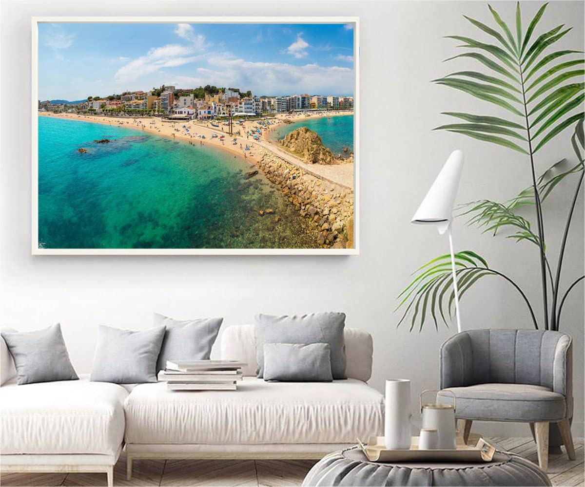VERRE ART White Floater Framed Canvas - Wall Decor for Living Room, Bedroom, Office, Hotels, Drawing Room (34in X22in) - Blanes In Costa Brava