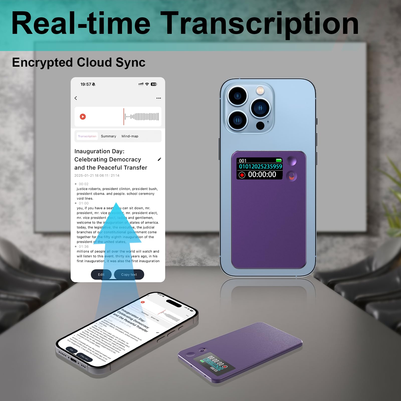 KI Digitales Diktiergerät - App-Steuerung, Transkription & Zusammenfassung mit AI-Technologie, 64GB Speicher, Audio-Recorder für Vorträge, Meetings, Anrufe,Violett