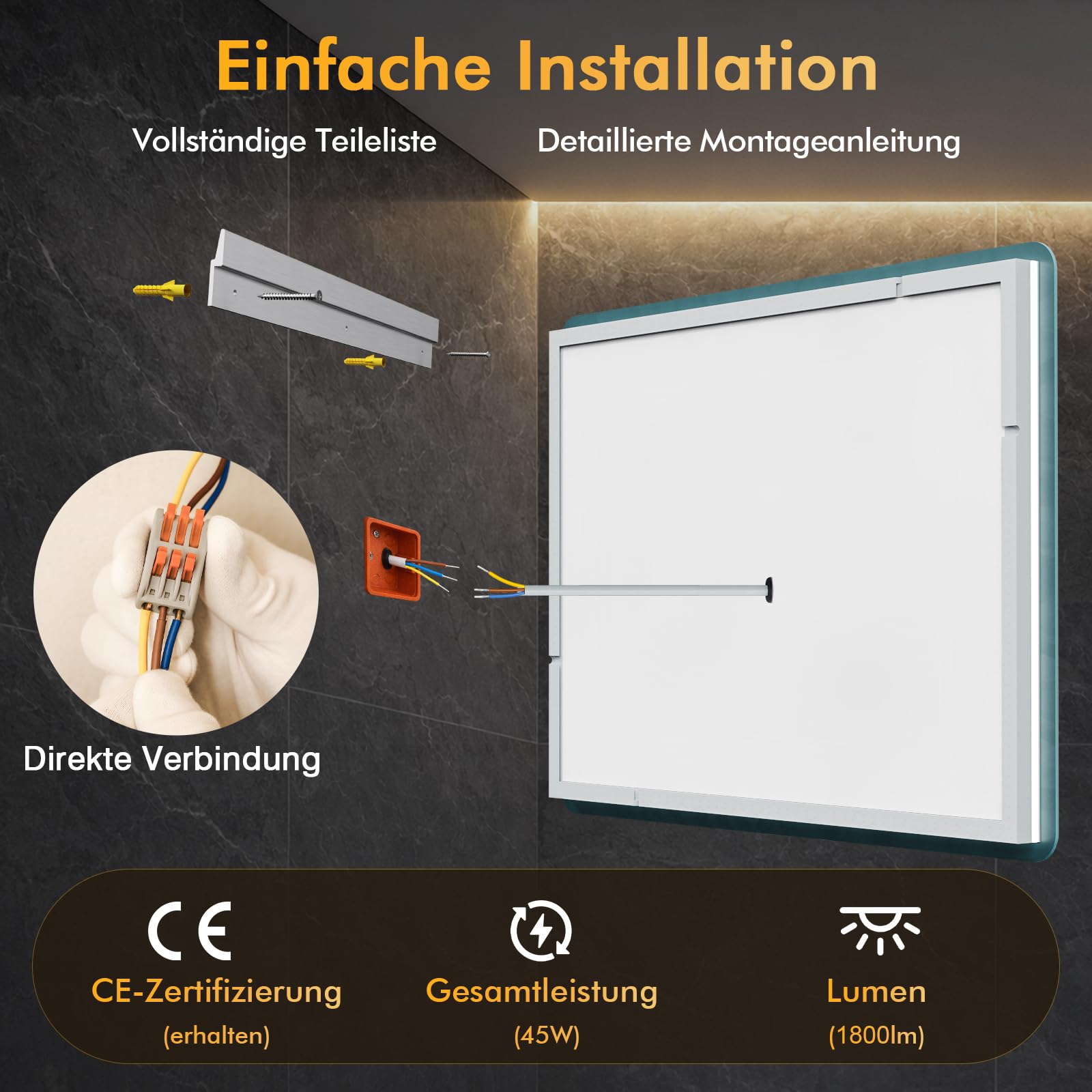 Badspiegel mit Beleuchtung 80x60 cm, LED Spiegel Bad mit Licht, 3 Lichtfarben, Dimmbar, Antibeschlag, Speicherfunktion, IP44, Horizontal/Vertikal montierbar, Rückbeleuchtung