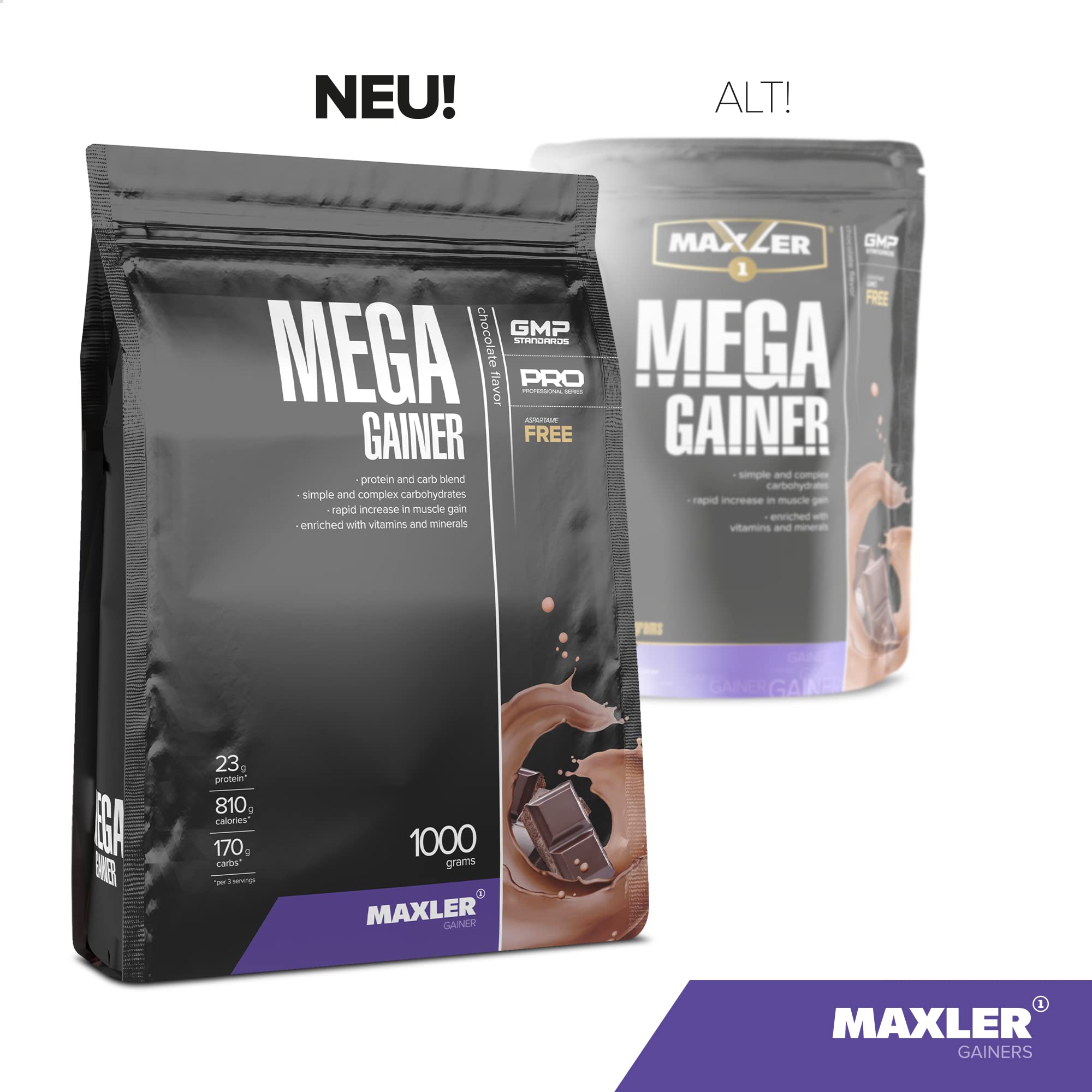 Maxler Mega Gainer - Gain de poids pour développer les muscles - Chocolat - 1000g - combinaison de protéines, glucides, vitamines et minéraux - 10% de protéines de lactosérum