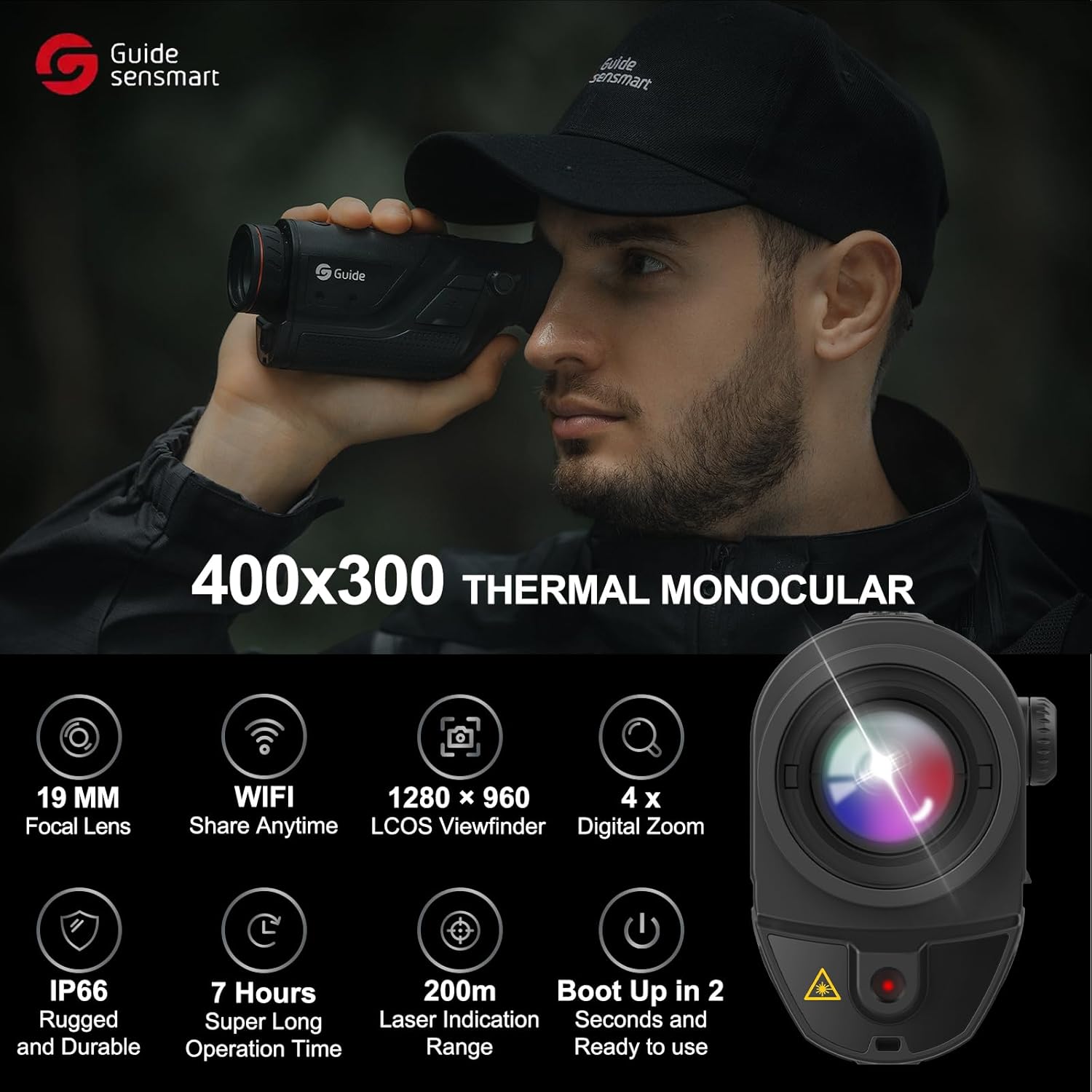 Guide Sensmart TD410 Thermal Monocular highlighting 19mm focal lens, WiFi, 1280x960 LCOS viewfinder, 4x digital zoom, IP66 rating, 7 hours operation, 200m laser indication, and 2-second boot-up.