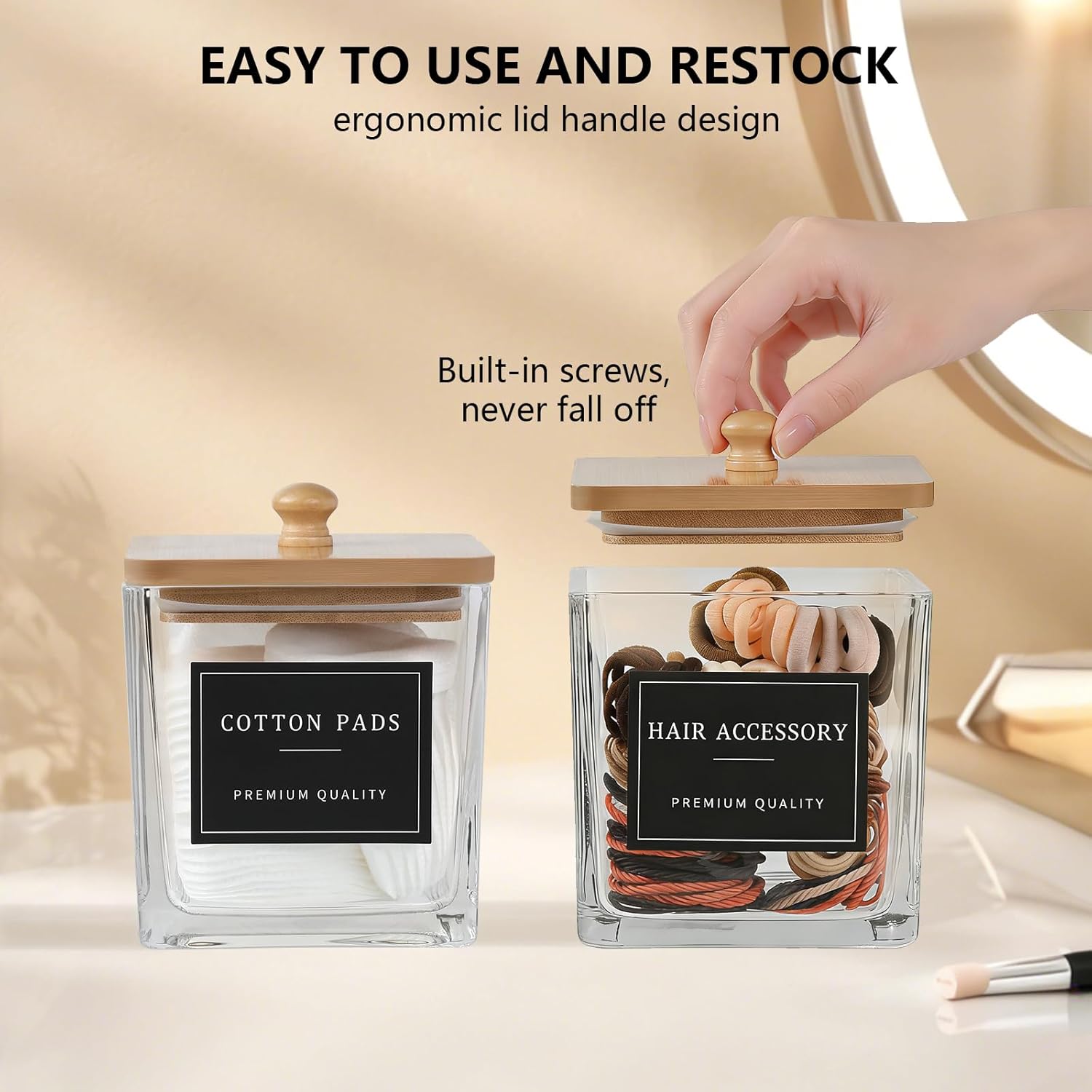 eggs sound 2 Pack Qtip Holder Dispenser for Bathroom, Thick Glass Apothecary Jars, Bathroom Organizer Containers for Cotton Balls, Swabs, Pads, Floss Picks, Canisters with Bamboo Lids​