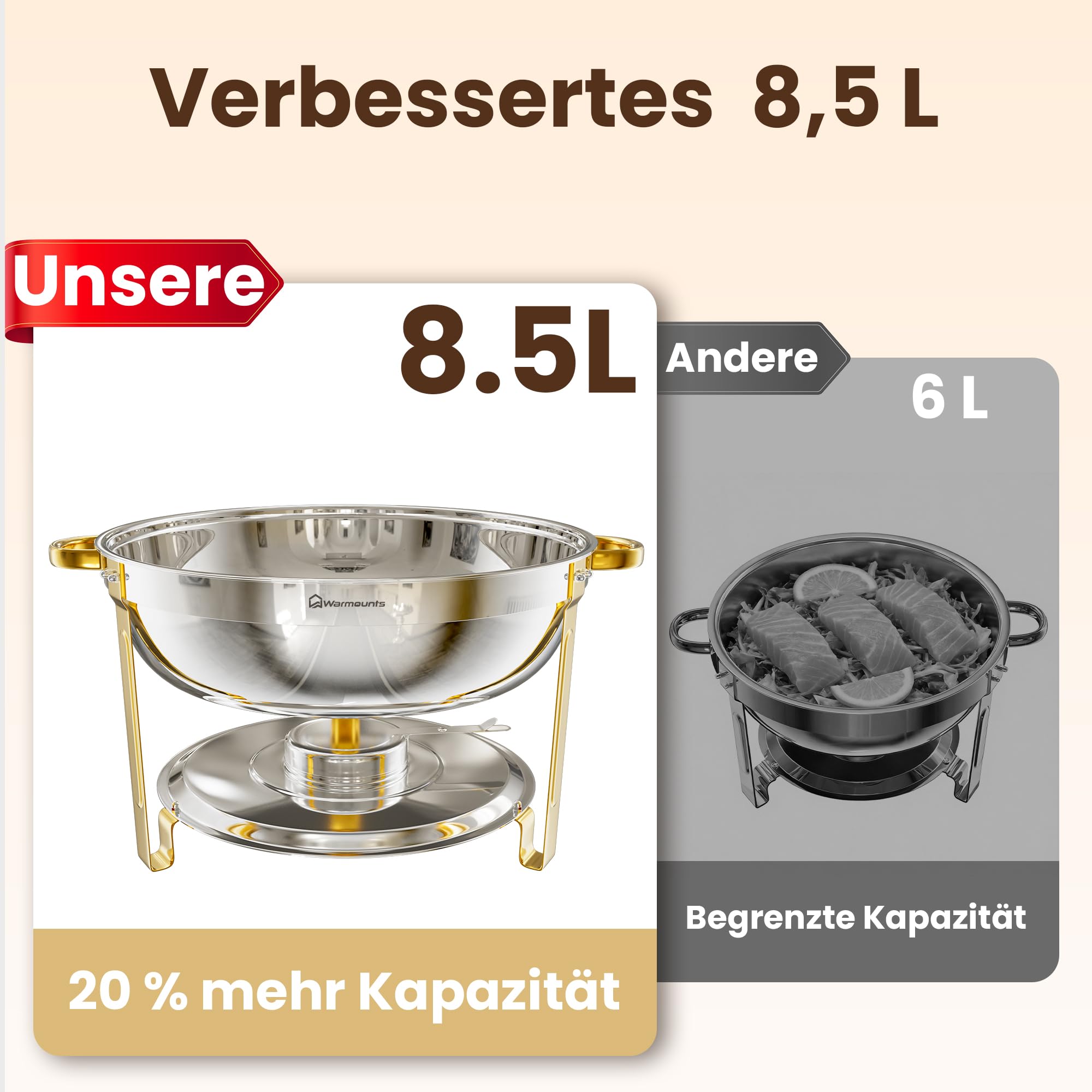 WARMOUNTS Chafing Dish 2er Set 8,5L Silber & Gold, Speisenwärmer Buffet Rund Edelstahl mit Gold-Akzenten & Deckelhalter, Warmhaltebehälter Stapelbar Catering Rechaud für Partys, Hochzeiten & Events