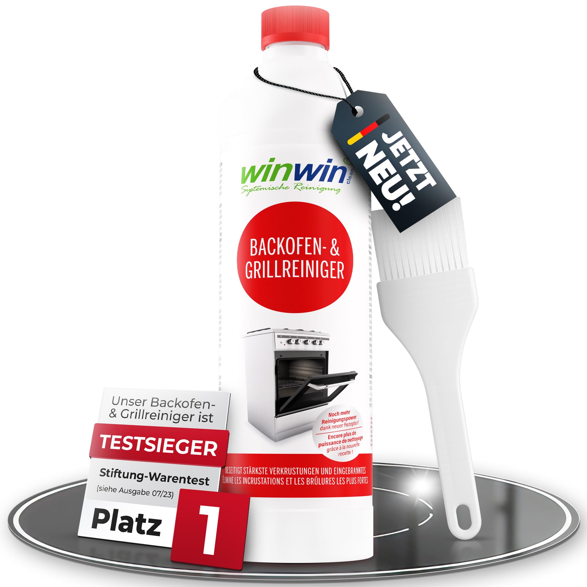 winwinCLEAN® Backofenreiniger & Grillreiniger mit Pinsel [Testsieger Stiftung Warentest] Starker Intensivreiniger & Fettlöser für hartnäckige Ablagerungen I Backofen, Gasgrill, Ceranfeld – 1000ml