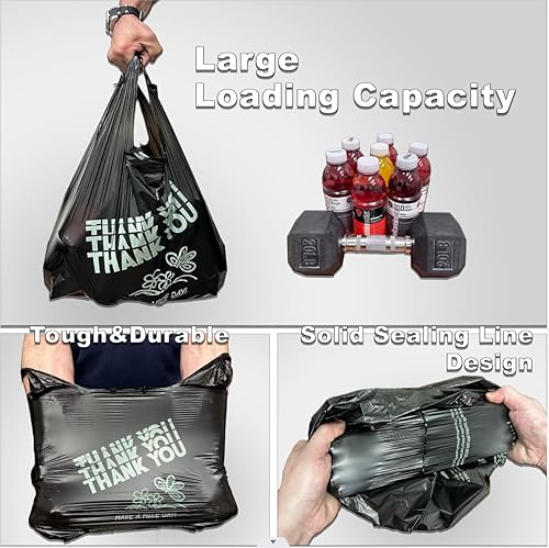 Miniatura 4 de YoYoRain Bolsas de agradecimiento negras, bolsas de 22 mics, bolsas de plástico negras con asa, bolsa de compras de comestibles Bolsa de