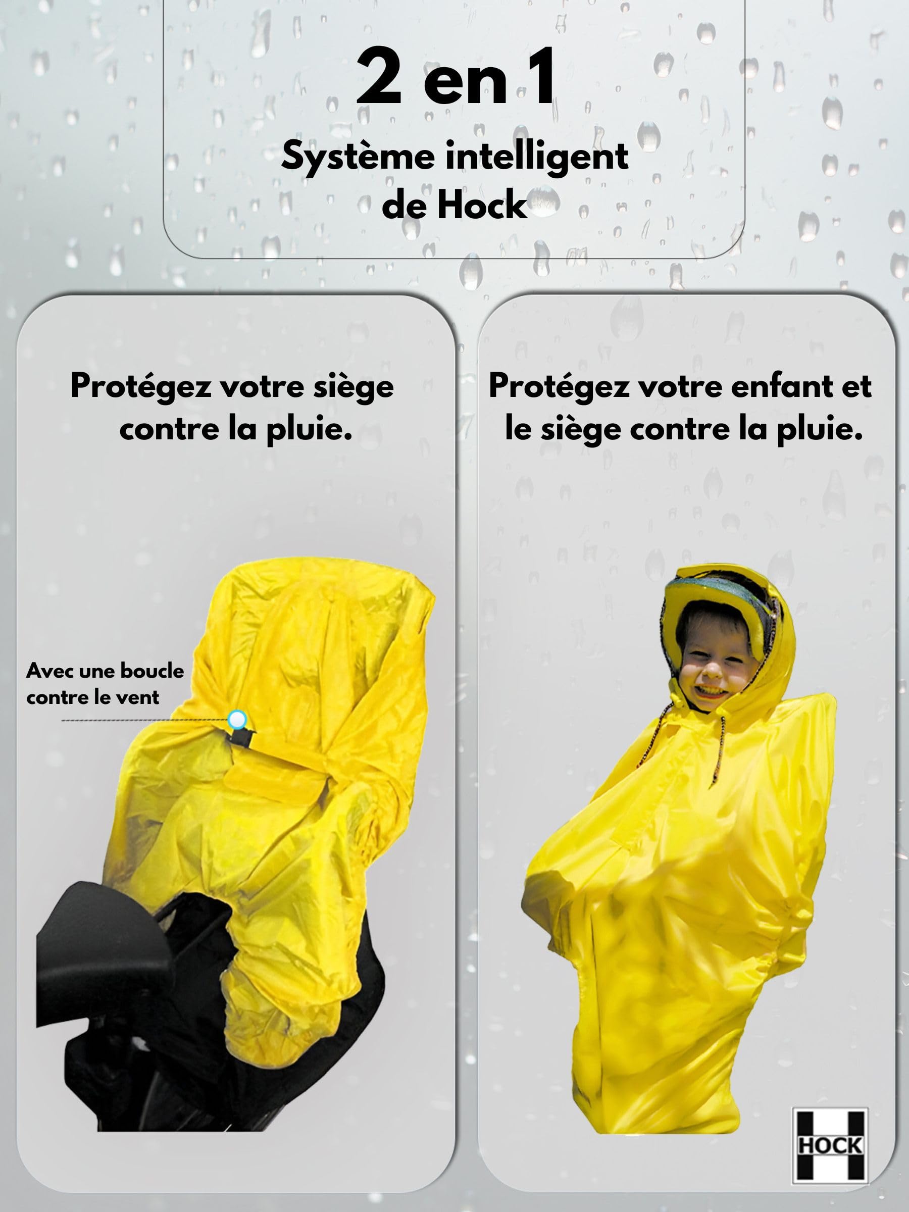 HOCK® Housse de pluie 2 en 1 pour siège de vélo pour enfant - Fonction innovante à 2 compartiments pour protéger l'enfant et le siège enfant de vélo de l'humidité - Cape de pluie de vélo pour
