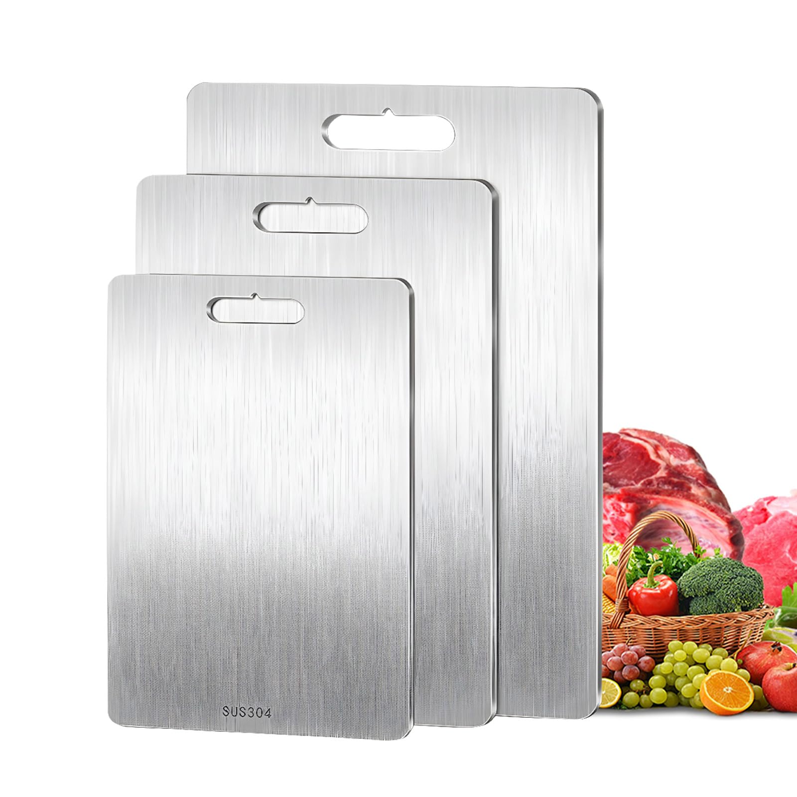 Tagliere Acciaio Inox, 3 Pezzi Tagliere in Titanios per Cucina, Set Taglieri da Cucina DoppioLato per Carne, Frutta, Verdura (39 x 28 cm+29 x 20 cm+25 x 15 cm)