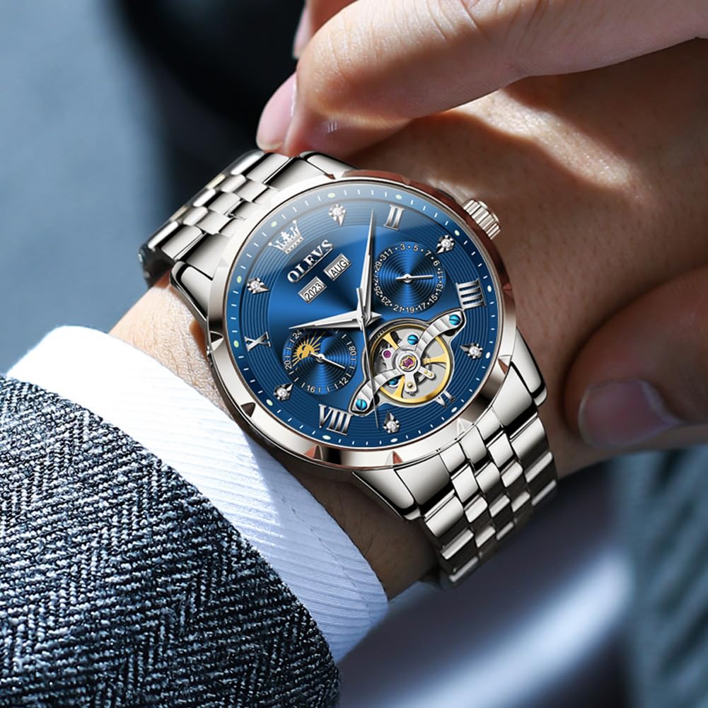 OLEVS Herrenuhren, mechanisch, automatisch, selbstaufziehend, luxuriös, Business-Kleid, Edelstahl, Tourbillon, Jahr/Monat/Tag, Mondphase, wasserdichte Uhren für Herren (blau/schwarz)