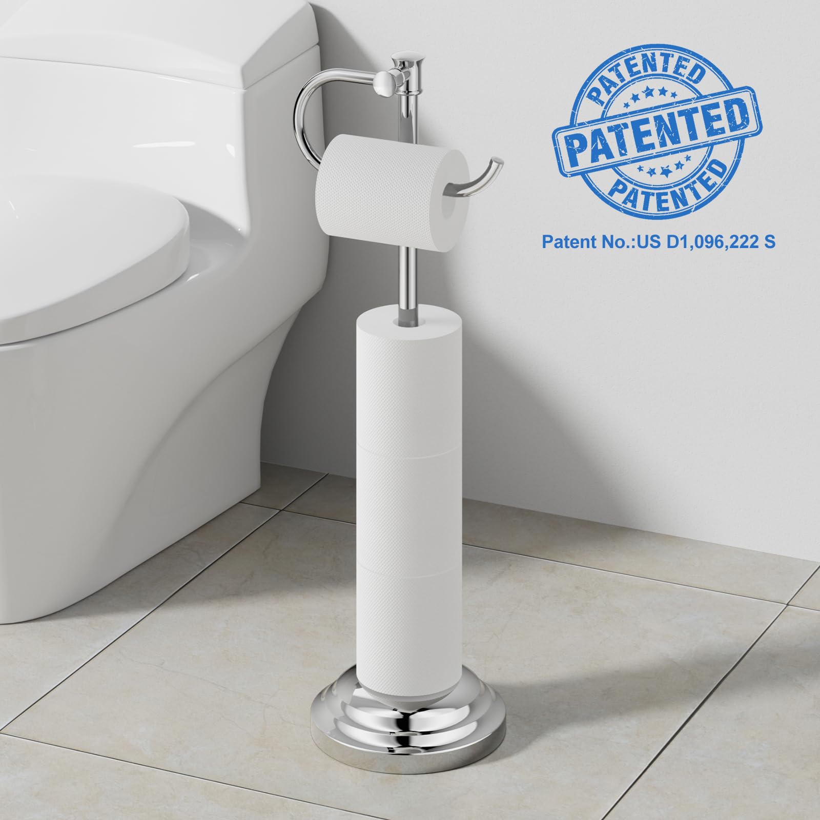 RUMOSE Toilet Paper Holder Stand for Floor Free Standing, Chrome — Amazon image 5