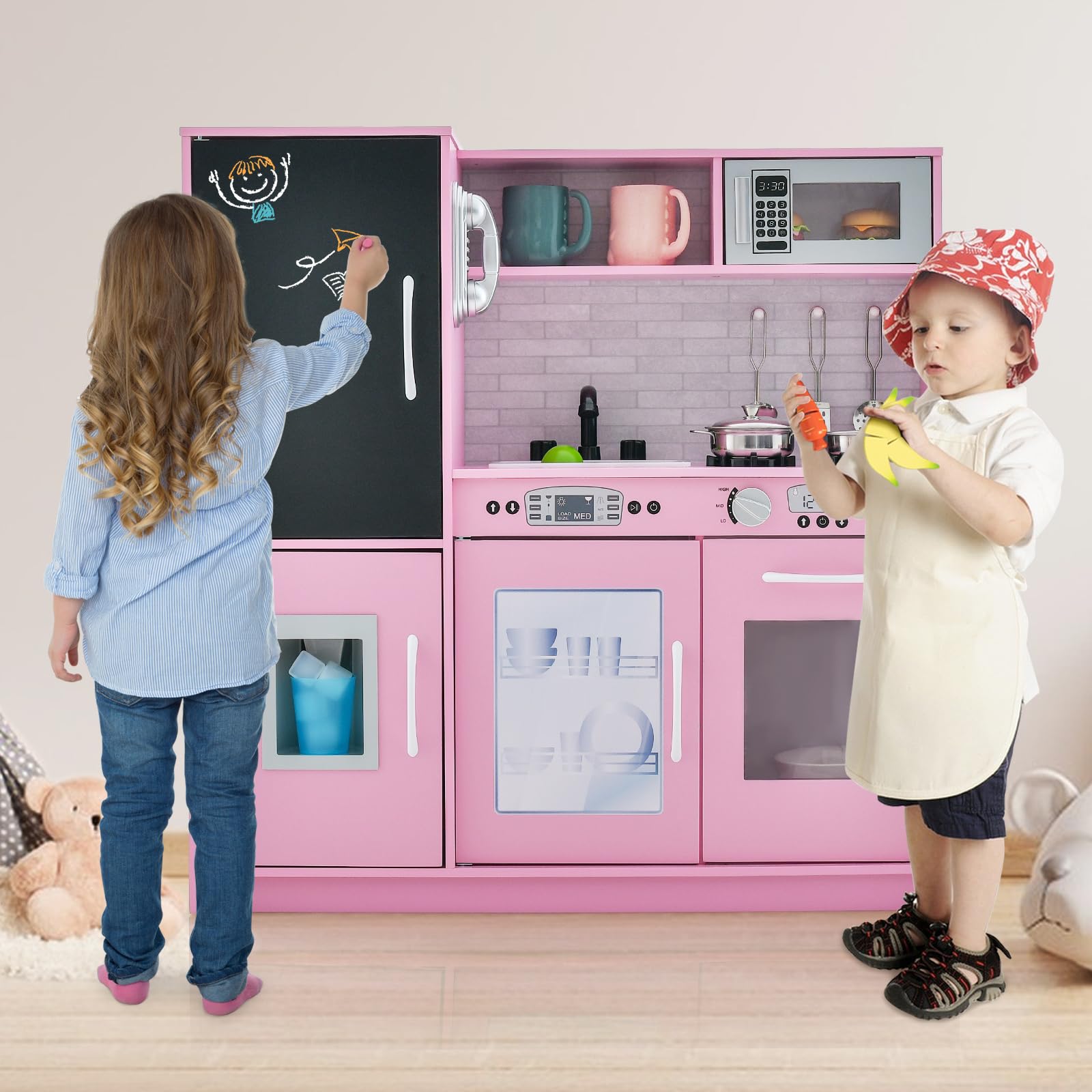 HOMASIS Spielküche mit 10 Zubehör, Kinderküche Holz, Spielzeugküche mit Tafel Spüle Herd Ofen Mikrowelle Eismaschine Telefon, Holzküche Kinderspielküche für Kinder ab 3 Jahre (Rosa)