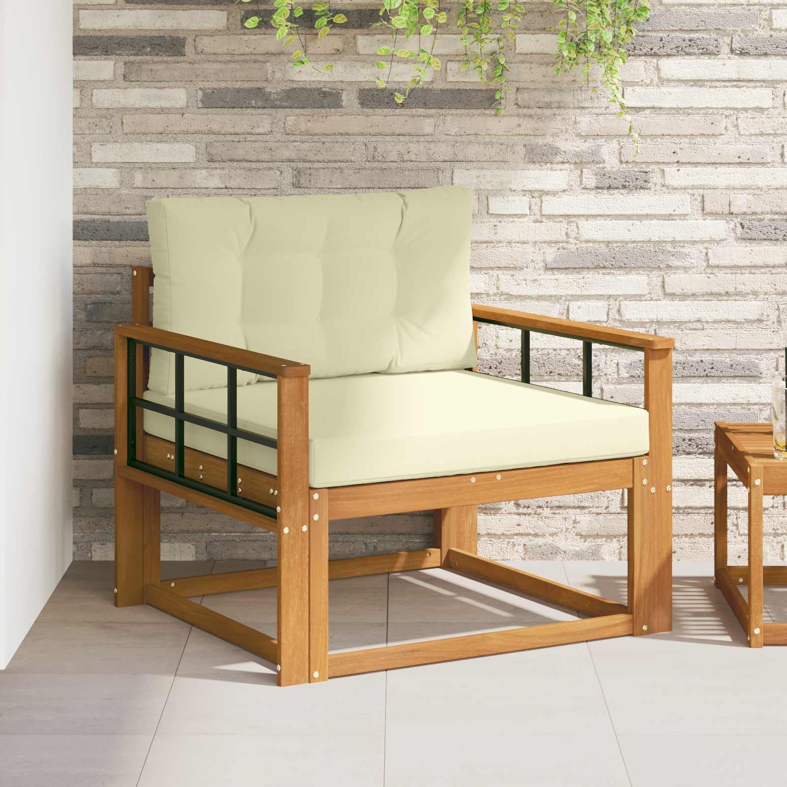 Sofa środkowa do użytku na zewnątrz, naturalna z litego drewna akacjowego, odporna na warunki atmosferyczne, modułowa sofa z podłokietnikami w kształcie kratki, poduszka do siedzenia i