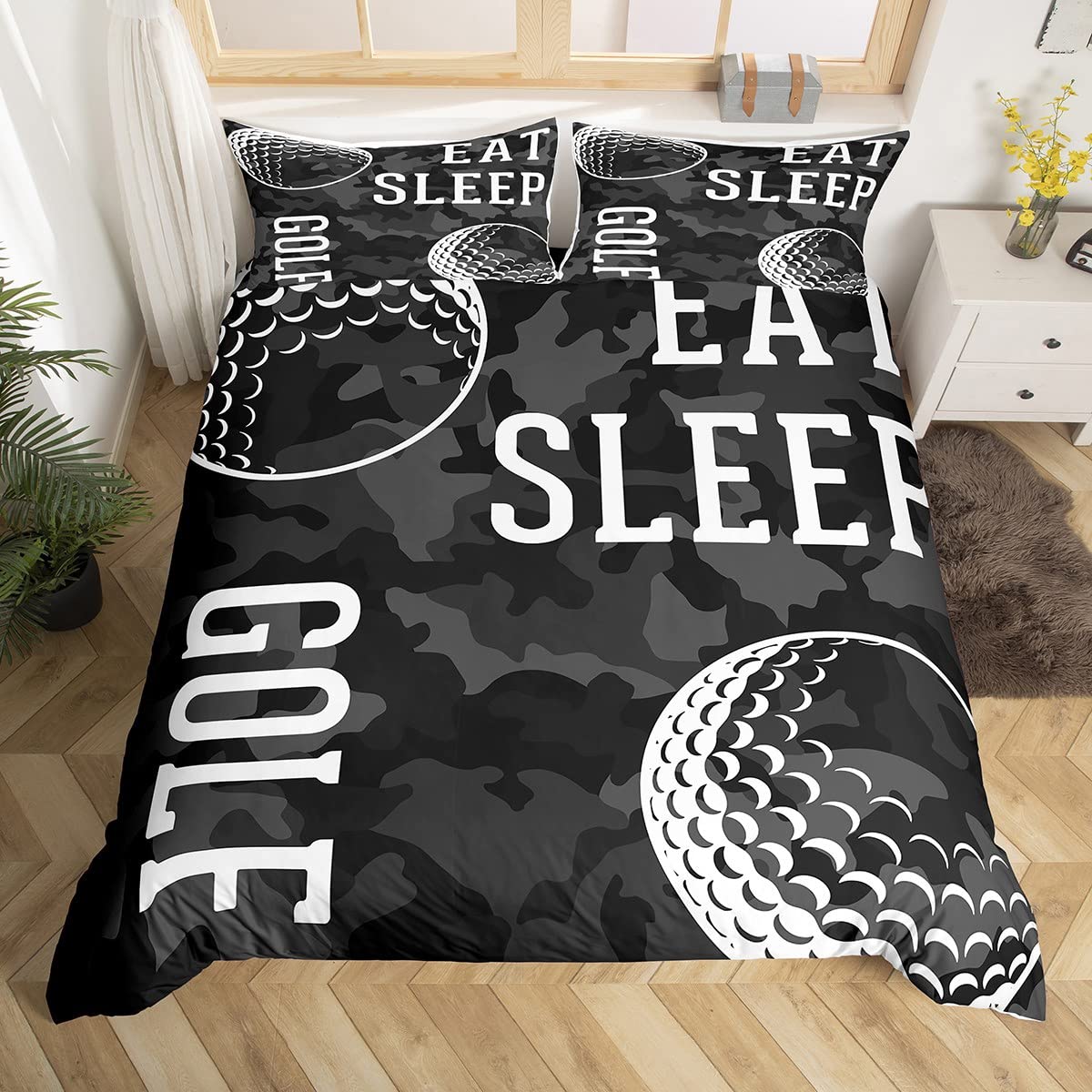 Homewish Golf Bed Set Double Black Camouflage Bedding Set Sport Duvet Cover Geometric Camo Comforter Cover Eat Sleep Golf Bedspread Cover For Boys Men Bedroom Decortion Microfiber