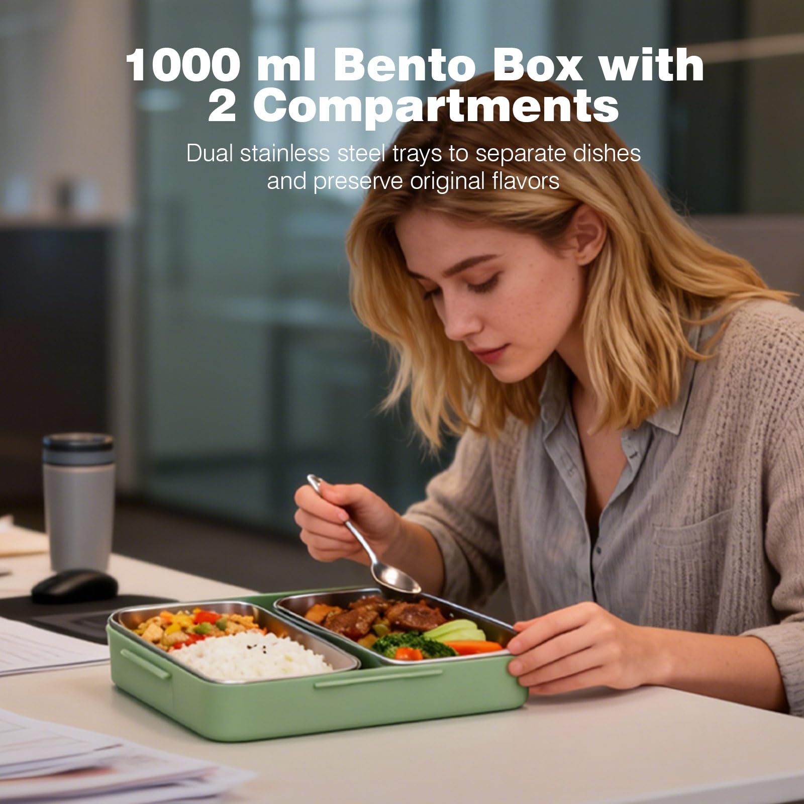 Boîte bento 1000 ml, boîte repas étanche avec 2 compartiments en acier inoxydable, récipient micro-ondable avec cuillère, baguettes, petit bol en plastique pour travail, pique-nique, meal prep