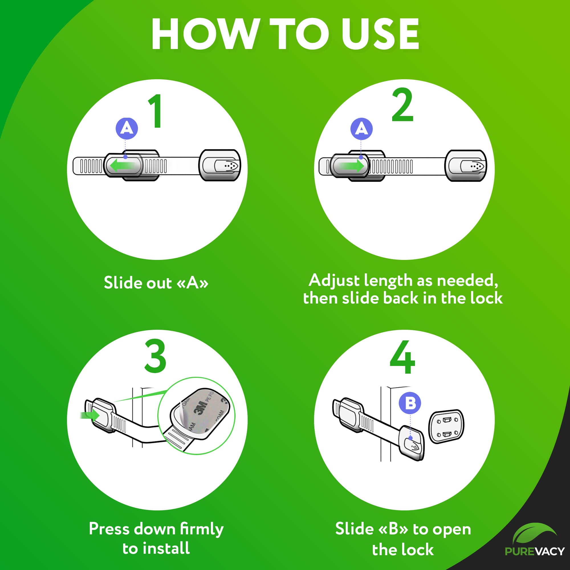 PUREVACY 6 Pack Child Safety Strap Locks. Child Locks for Cabinets No Drilling. Sticky Child Safety Drawer Locks Baby Proofing. Refrigerator Strap Lock for Kitchen - Image 3