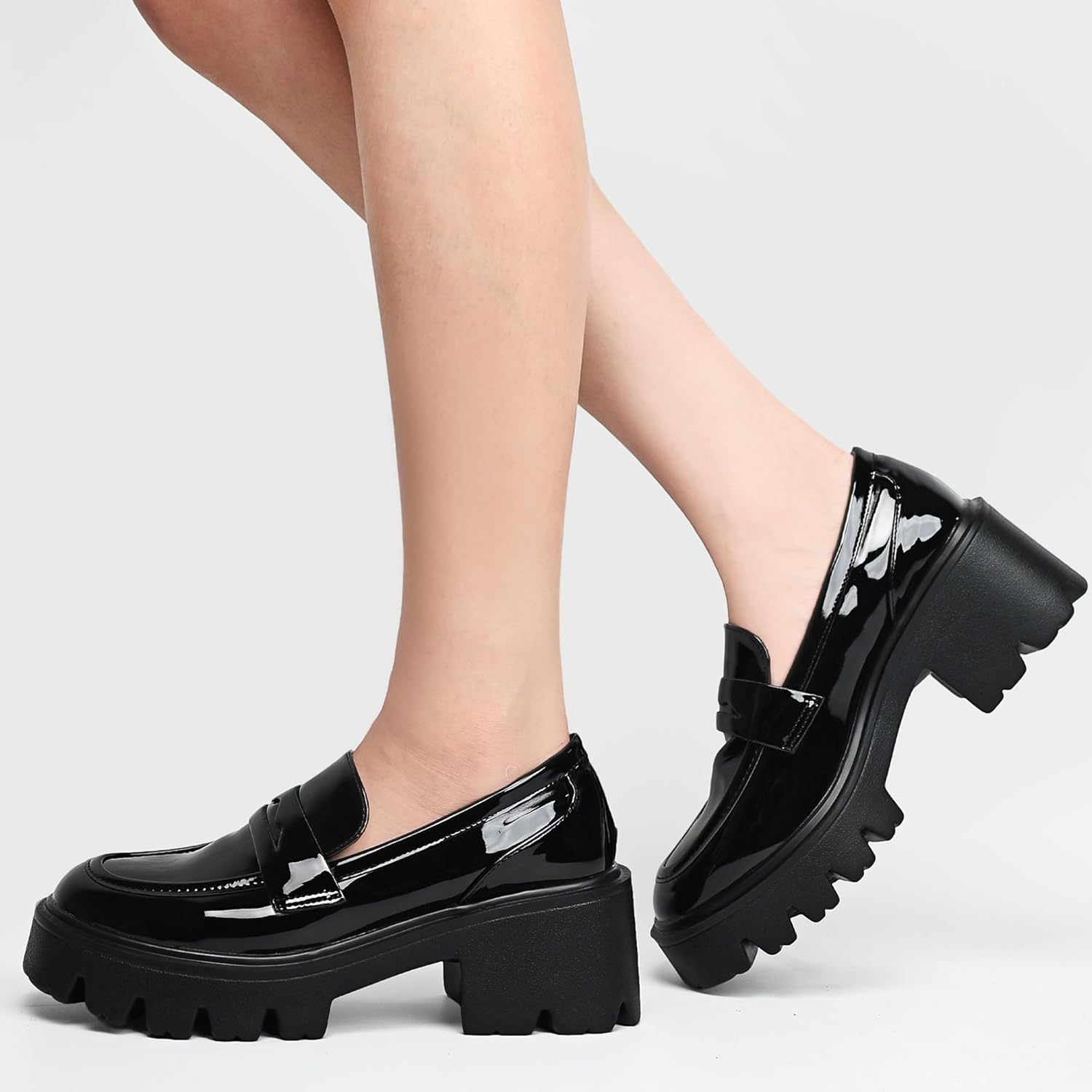 Black Penny Loafers for Women - Women's Slip-On Platform Patent Leather Loafers, Chunky Comfort Shoes for Work & Dressy Occasions - Image 3