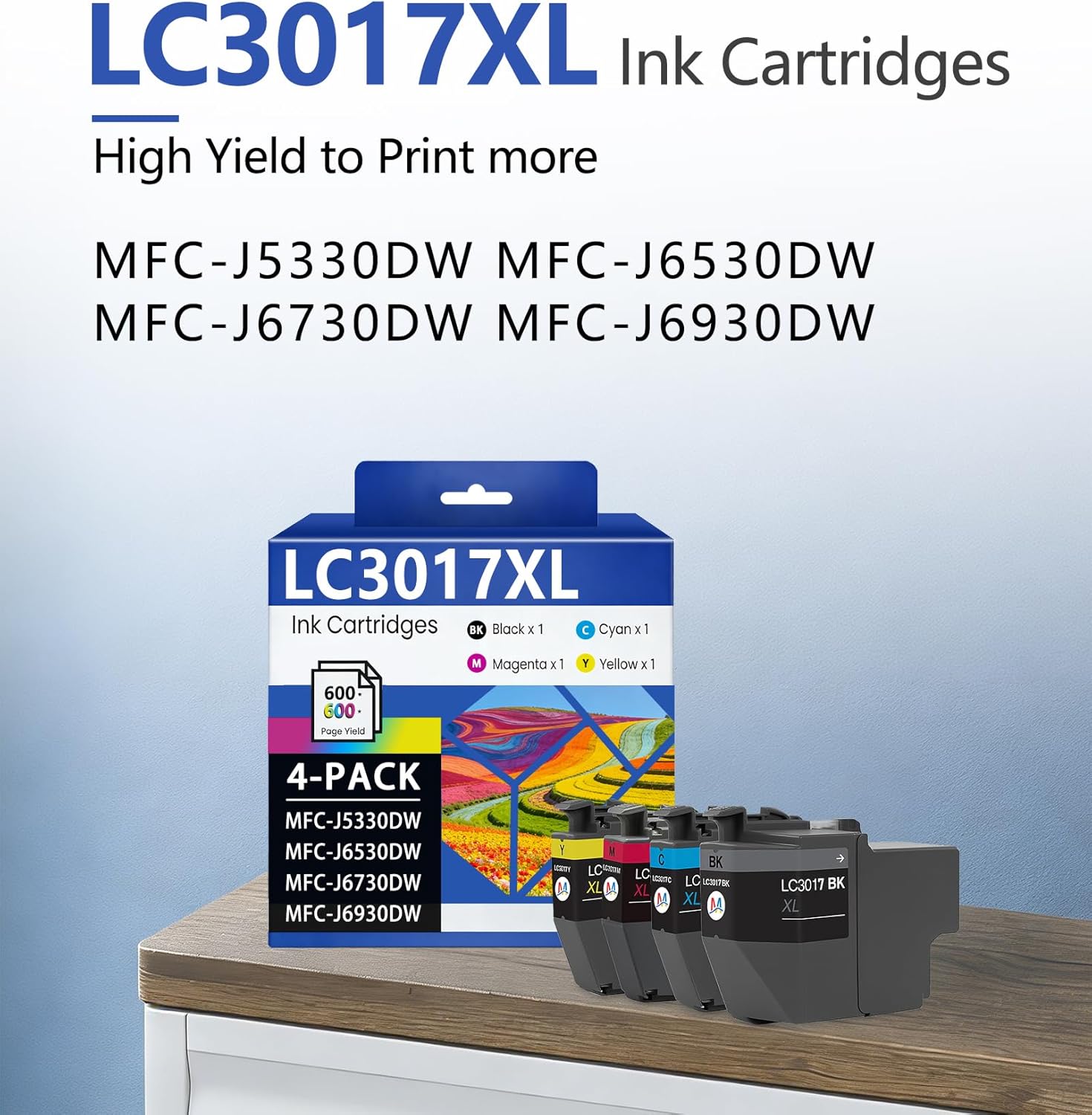 LC3017 XL Ink High Yield Color Ink Cartridges 4-Pack Each LC3017BK LC3017C LC3017M LC3017Y Replacement for Brother LC3017 Ink Cartridges for MFC-J5330DW MFC-J6530DW MFC-J6930DW Printer (BK/C/M/Y)