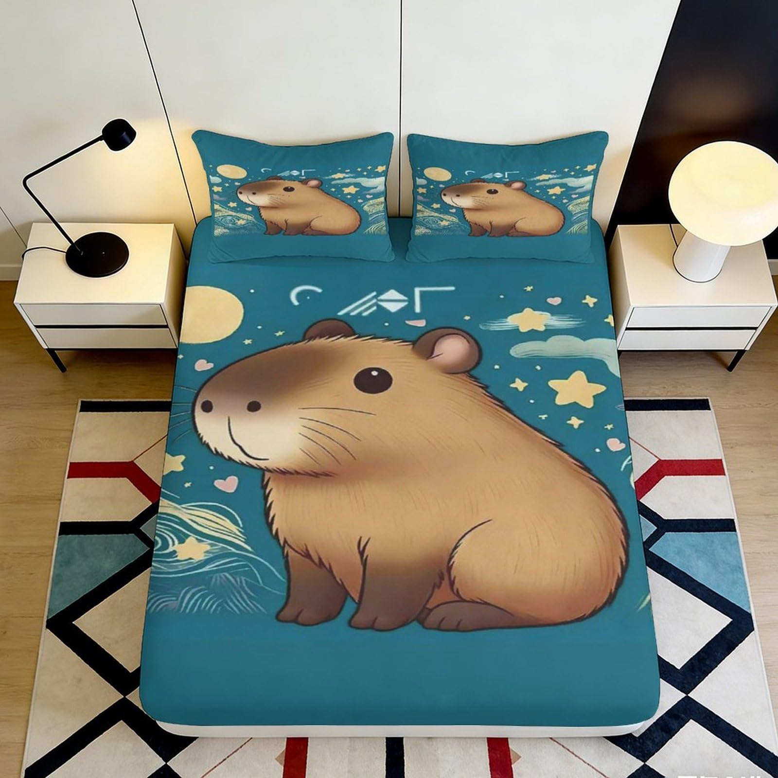 3D Printed Cute Capybara Fitted Sheet Microfiber Soft Starry Night Mattress Cover Bedroom Decor Non Slip Washable 90x200x25cm