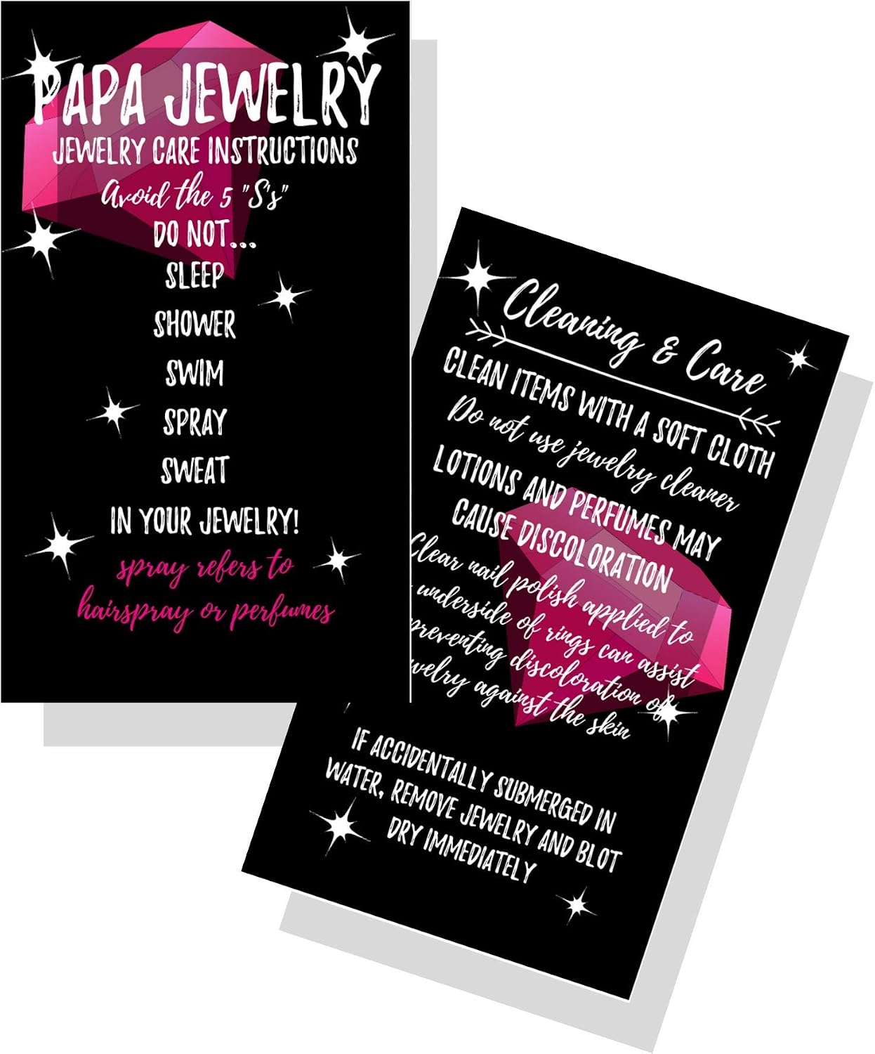 Jewelry Cleaning and Care Cards | Package of 50 | Bling Pink Diamonds Sparkle Background | Jewelry Bling Queen Care Instructions