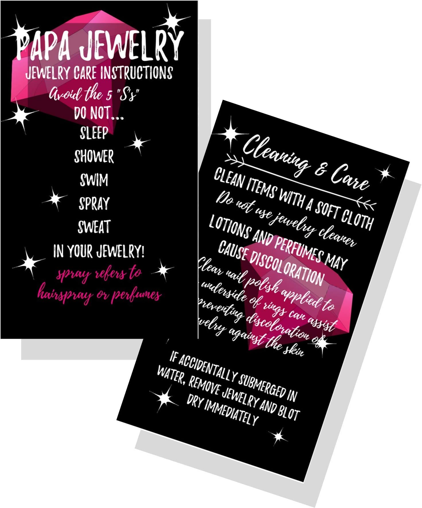 Jewelry Cleaning and Care Cards | Package of 50 | Bling Pink Diamonds Sparkle Background | Jewelry Bling Queen Care Instructions