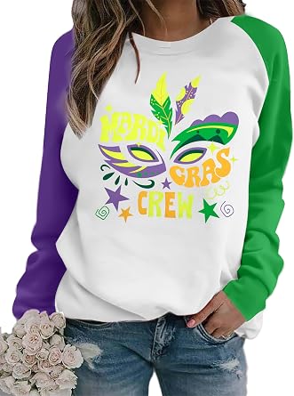 Mardi Gras Shirts for Women Funny Carnival Outfits Fat Tuesday Shirts New Orleans Festival Long Sleeve Tops
