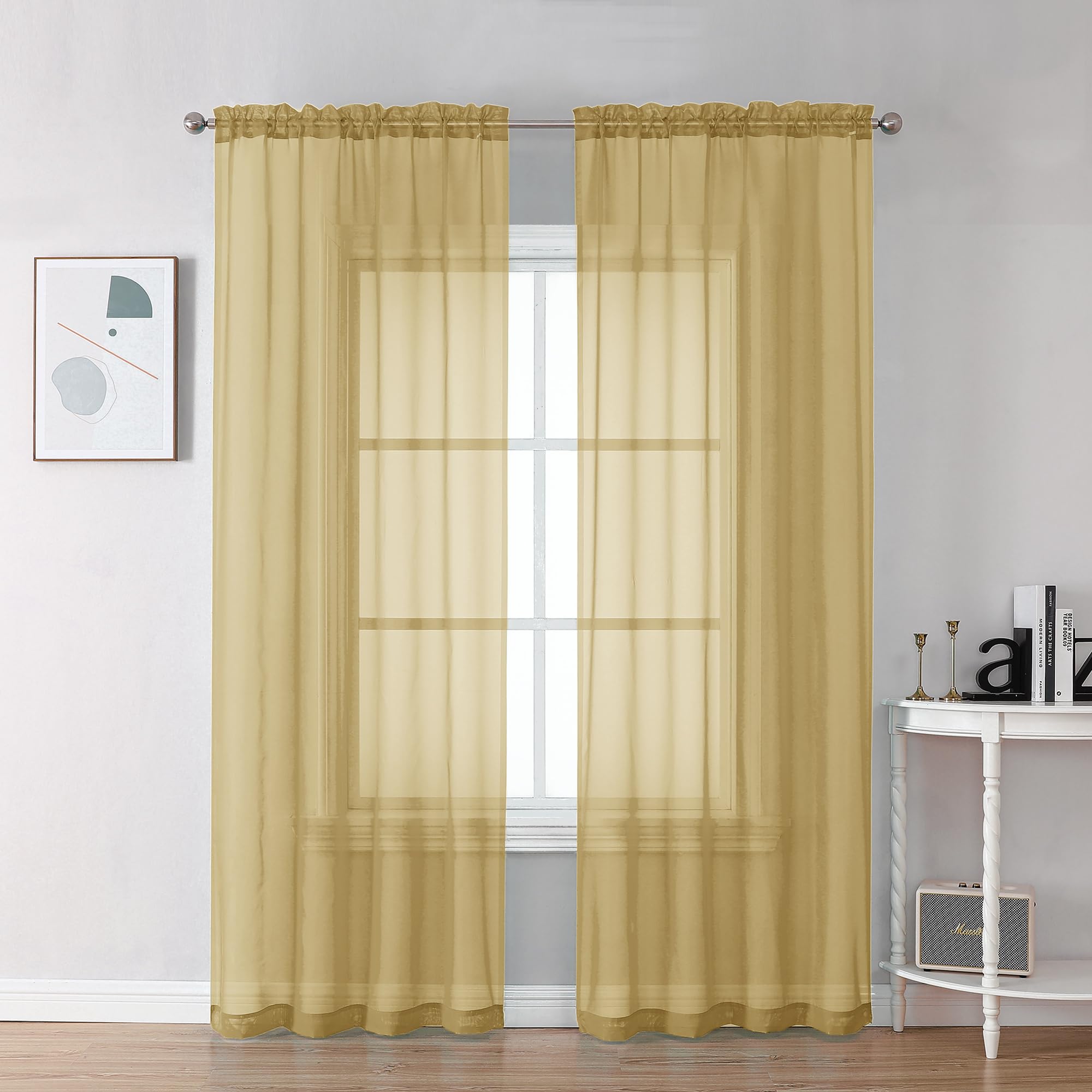 Chyhomenyc Gold Sheer Curtains 78 Inches Long 2 Panels Set for Living Room, Light Filtering Voile Lightweight Bedroom Curtains, Rod Pocket Solid Window Treatment Drapes, Each 42W x 78L — image 1