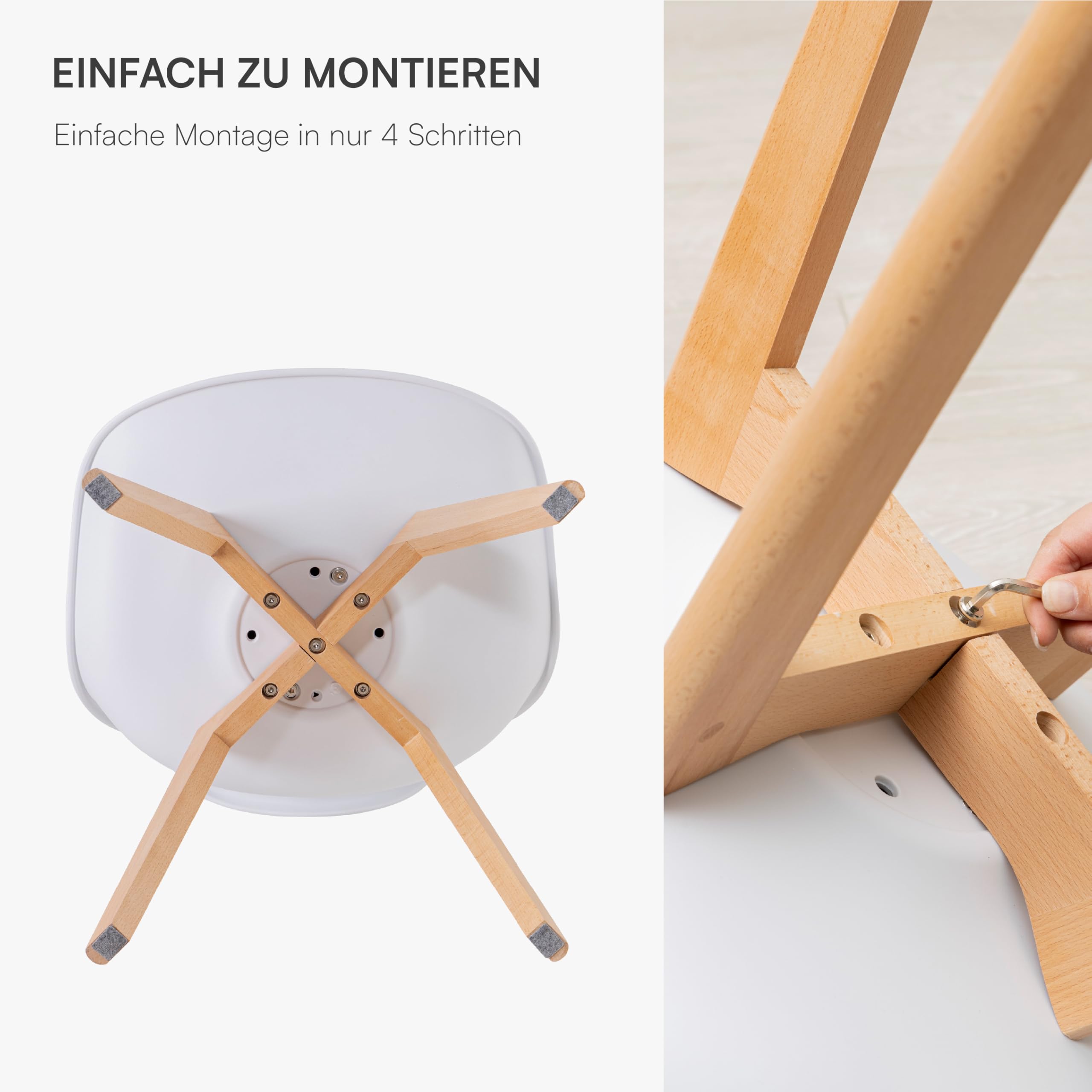 Baroni Home ESS- oder Bürostuhl mit Holzbeinen aus Buche, Ergonomischer Kunststoffstuhl mit integrierten Kissen, 50X48X82 cm (Weiß, 4)