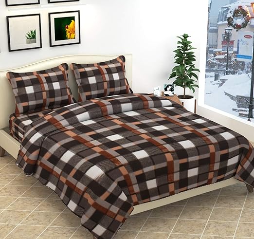 Fabture Checked Printed Woollen Fleece Double Bedsheet for Winters with 2 Pillow Covers.(Brown ; Standard Size)