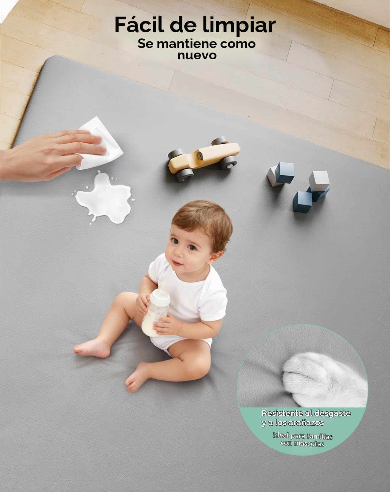 COMOMY Cuero Vegano Alfombra Bebe Acolchada Plegable, 127x127x3 cm Extra Grueso y Suave Colchoneta Bebe Suelo, Impermeable y No tóxico Tapete Bebe para Parque Infantil, Gris
