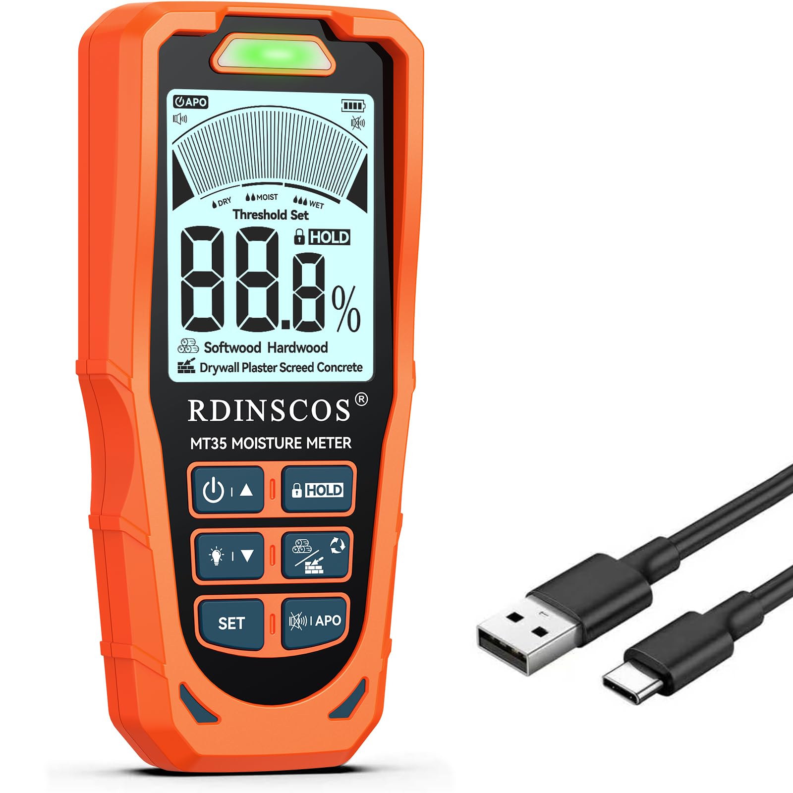 RDINSCOS Pinless Moisture Meter, Rechargeable Damp Meter for Wall Wood Concrete Plaster Screed Logs, 6 Modes Non-Destructive Damp Tester Detector with Backlit LCD, Audible & Visual Alarm (MT35)