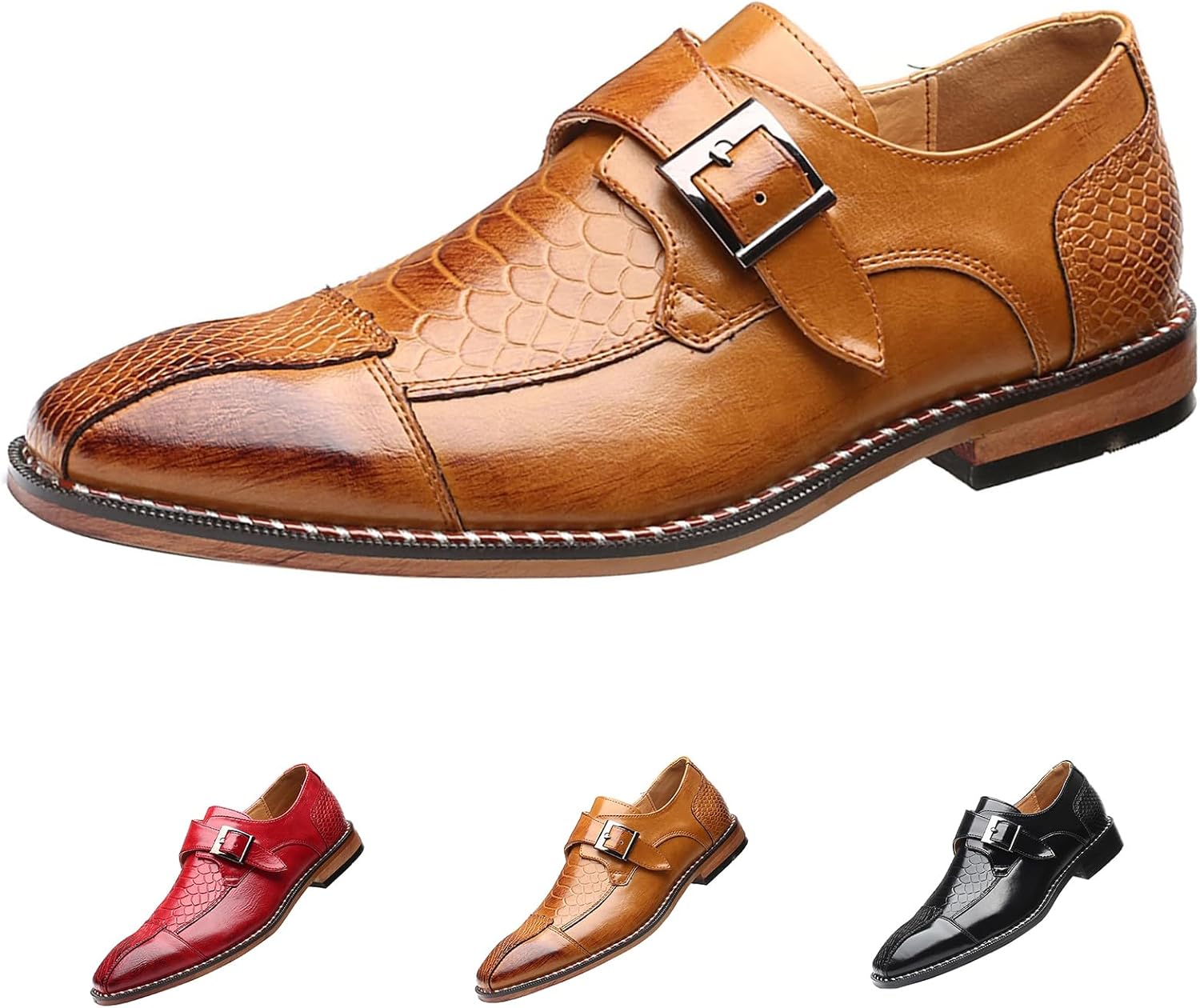 Pointed Toe Dress Oxfords Shoes for Men with Monk Strap, Vintage Casual Slip-on Hand Stitched Stacked Heel Wide Derby Shoe for Office Work Business Fashion