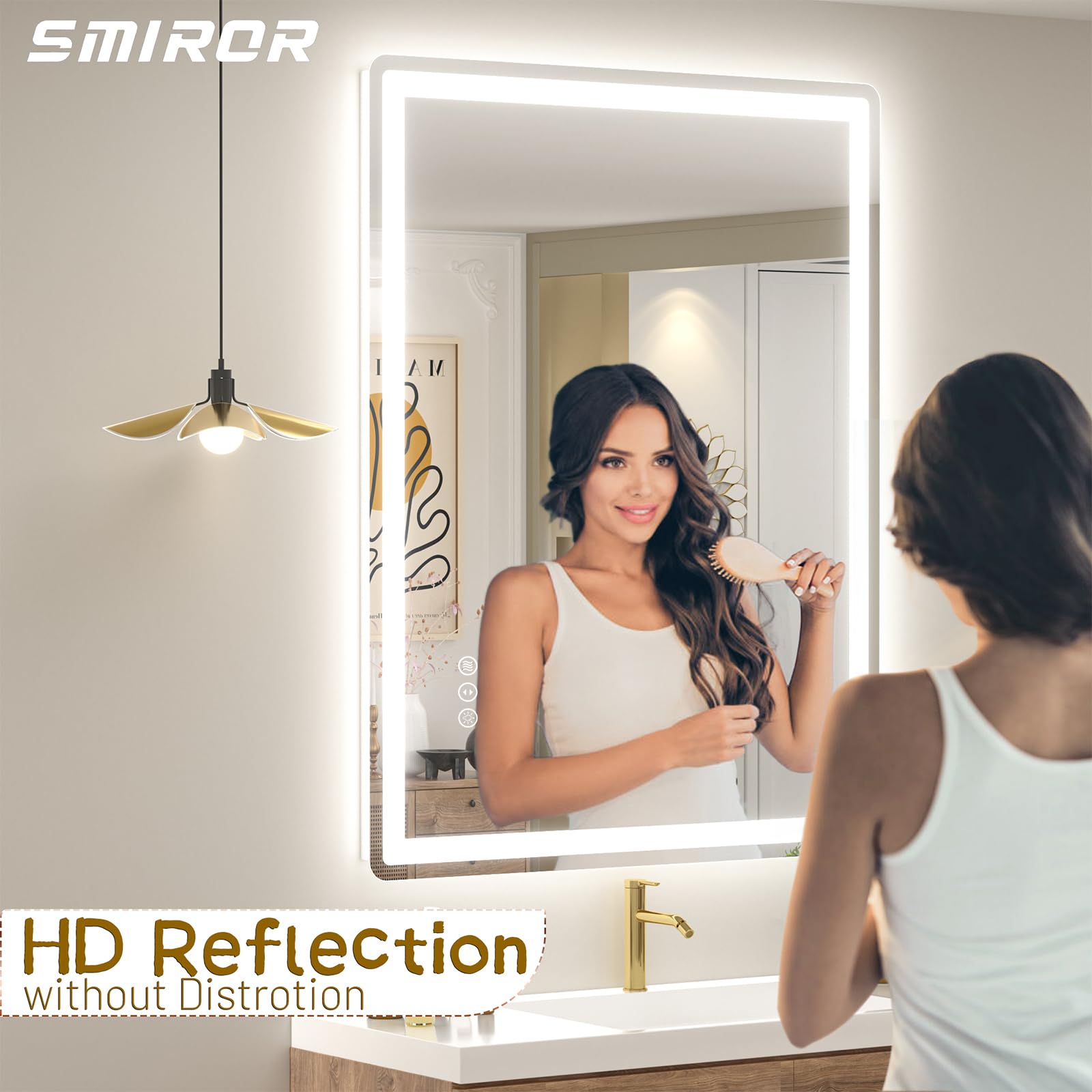SMIROR Specchio da bagno a LED con luci, 101,6 x 81,3 cm, specchio rettangolare arrotondato illuminato da parete, anteriore illuminato e retroilluminato, 3 colori, dimmerabile, anti-appannamento