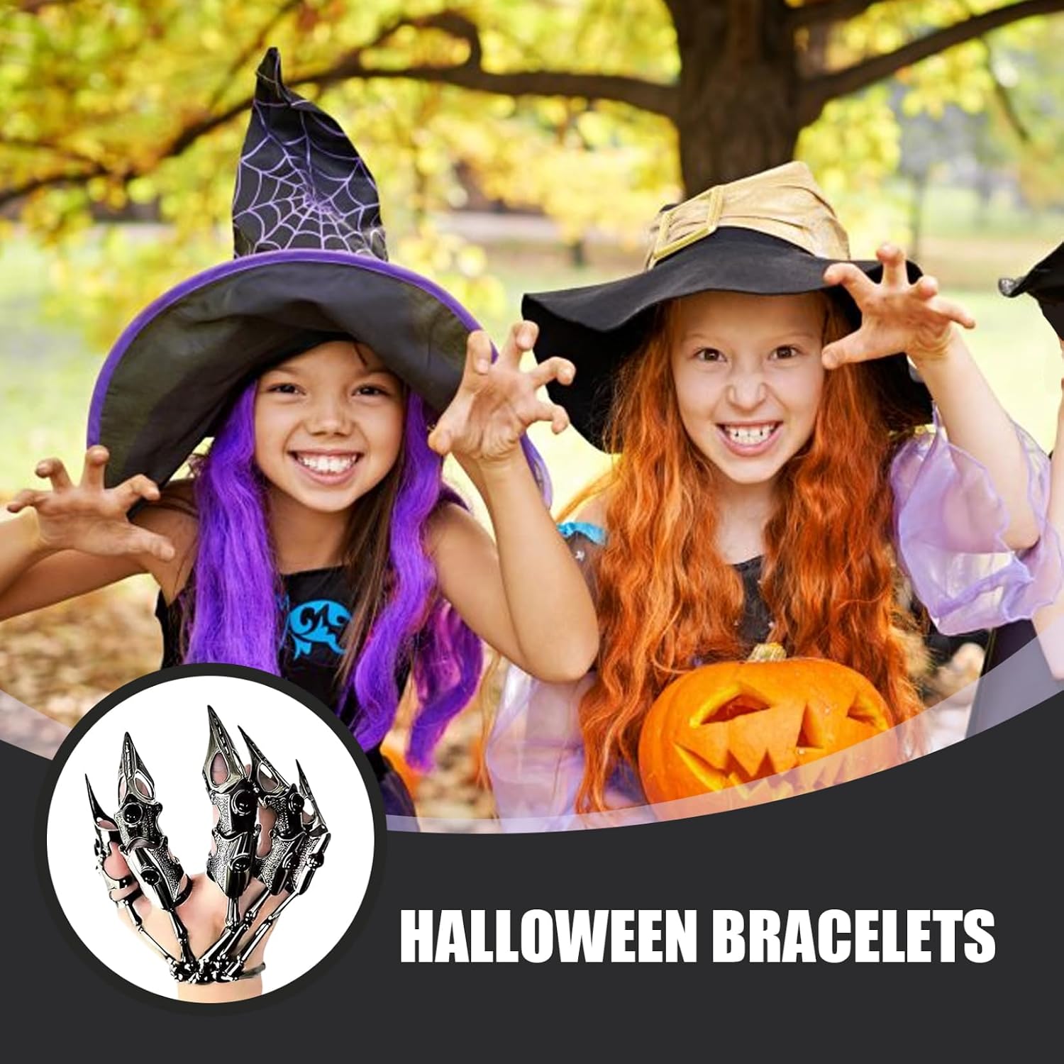 Skeleton Bracelet - Gothic Hand Bone Jewelry with 5 Finger Rings Black image 2