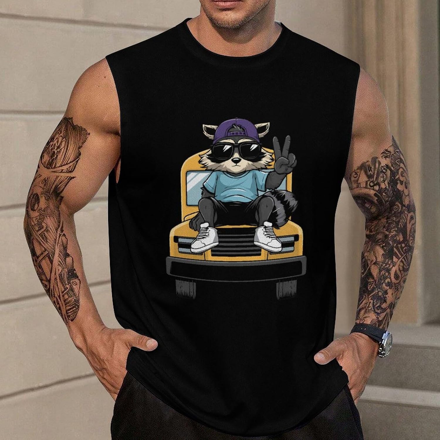 Raccoon on Bus Men Summer Sleeveless Crew Neck Top 5XL