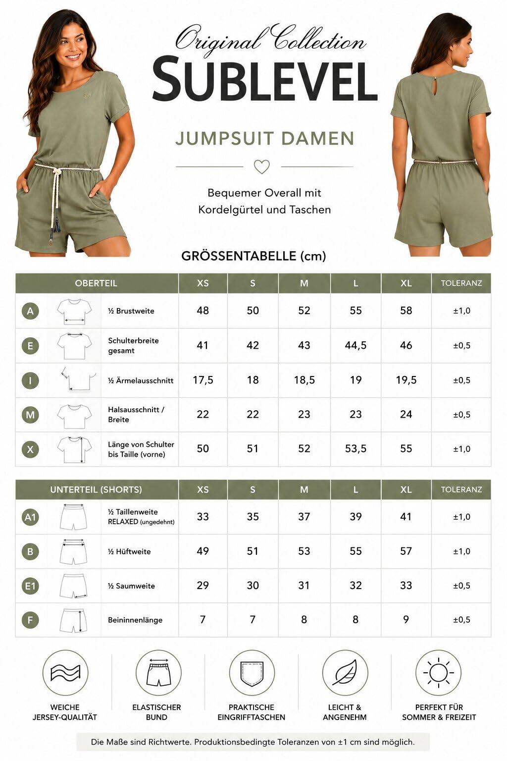 Sublevel Damen Jumpsuit Kurz Sommer Overall Einteiler mit Flechtgürtel, Taschen, T-Shirt kurzen Ärmeln und Rückenschlitz